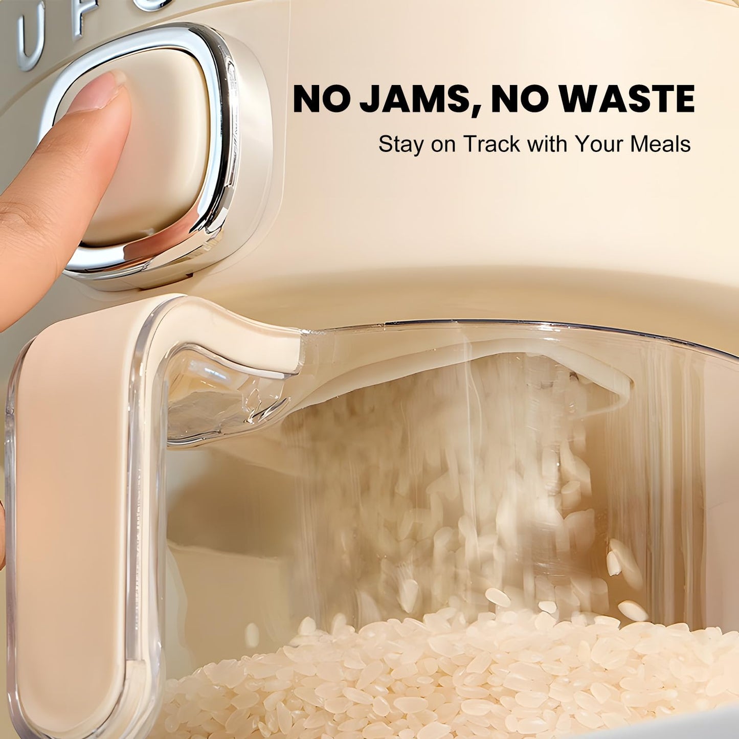 UFORU Rice Dispenser, 22 Lbs Rice Storage Container with Measuring Cup for Kitchen Pantry Household, Cereal Dry Food Storage Containers Airtight, Sealed Moisture Proof, Cream White