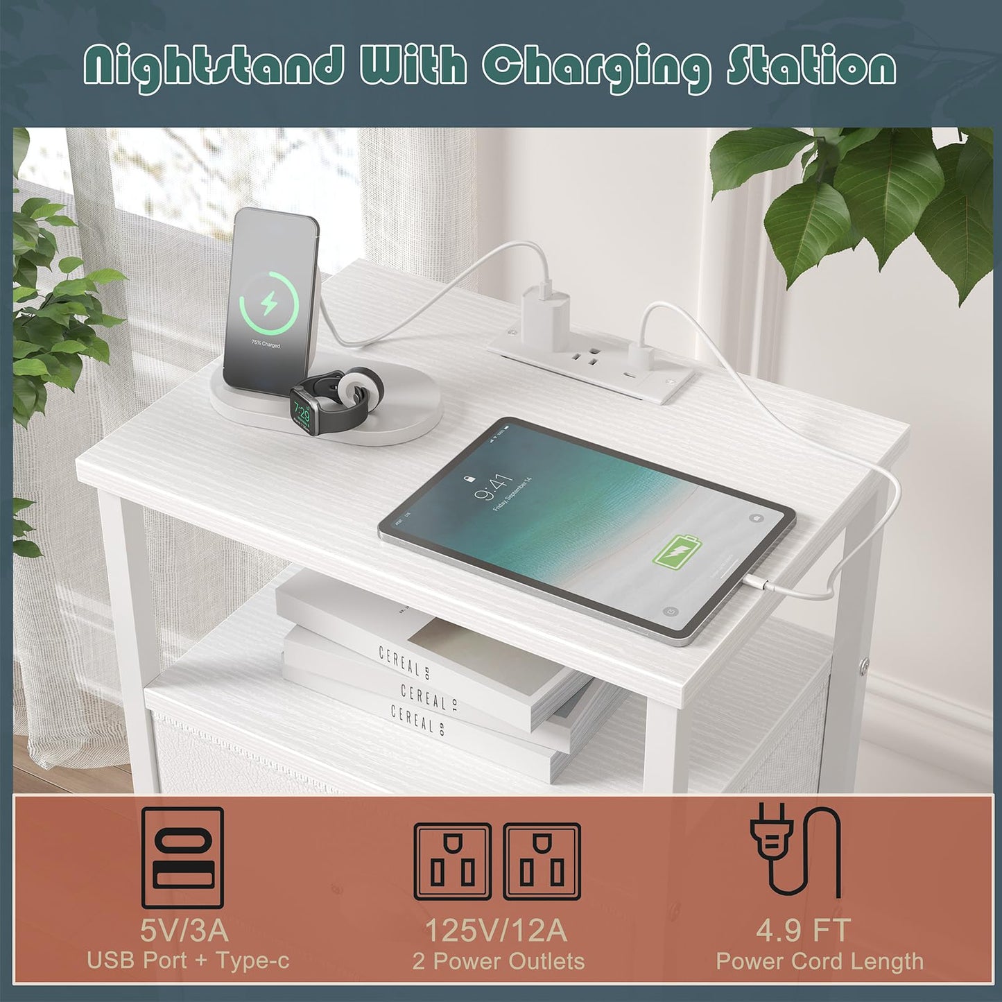 sthmec Nightstand with Charging Station,LED White Nightstands with 5 Fabric Drawers PU Finish, Bedside End Tables, 2-Tier Open Storage Shelf Side Table Nightstand with Drawers for Bedroom,White