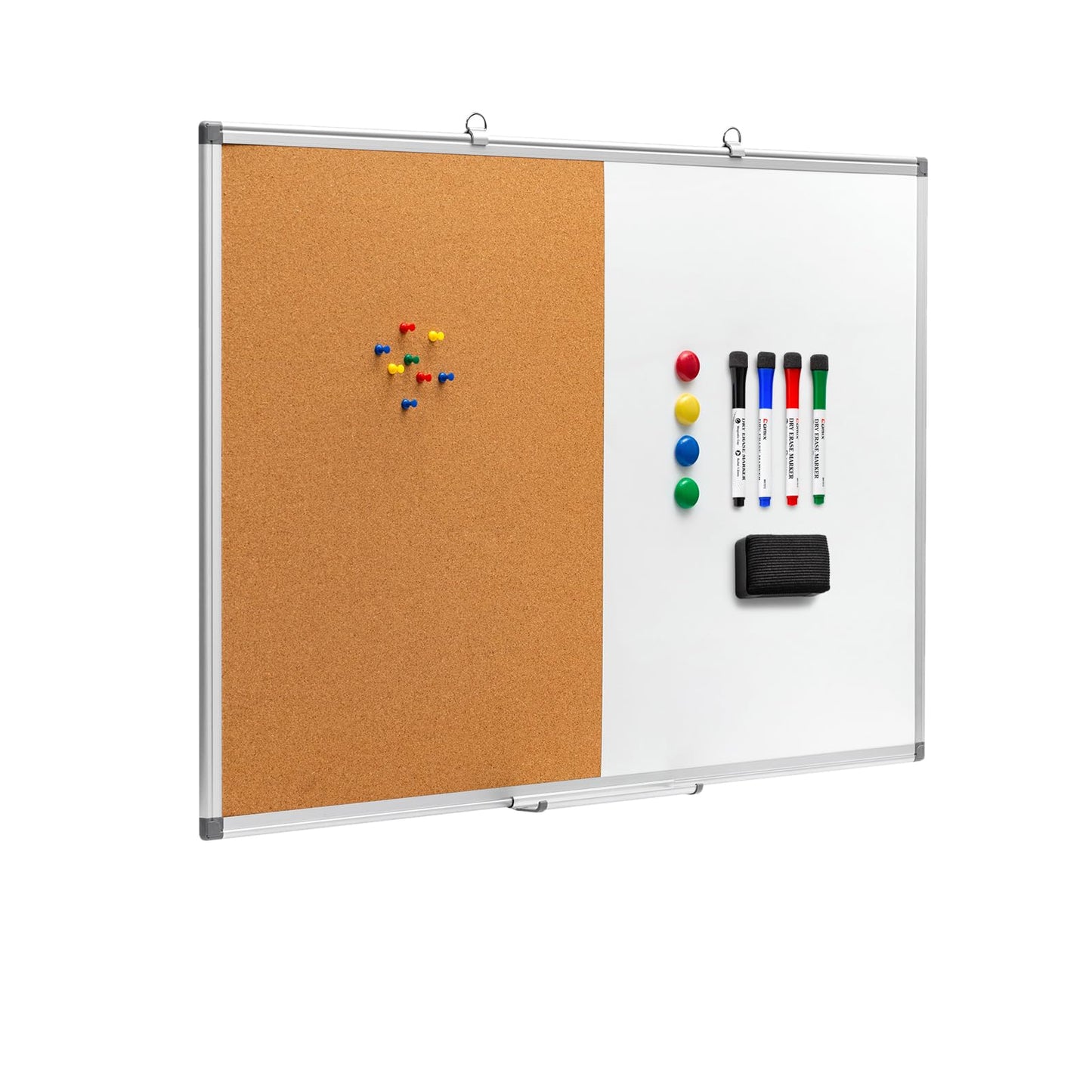 Comix Cork Board Magnetic Dry Erase Board Combo, 36 x 24 Inches Large Whiteboard and Bulletin Board Combination, Aluminum Frame Vision Board with Dry Erase Markers, Magnets, Eraser and Push Pins