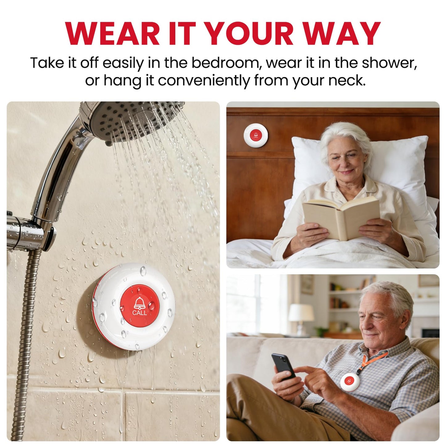 CallToU Caregiver Pager Call Button for Elderly at Home, 500ft Wireless Call Bell with 1 Portable Vibrating & 1 Plug-in Receiver, Waterproof Alert Button for Seniors, Patients, 2 Panic Buttons