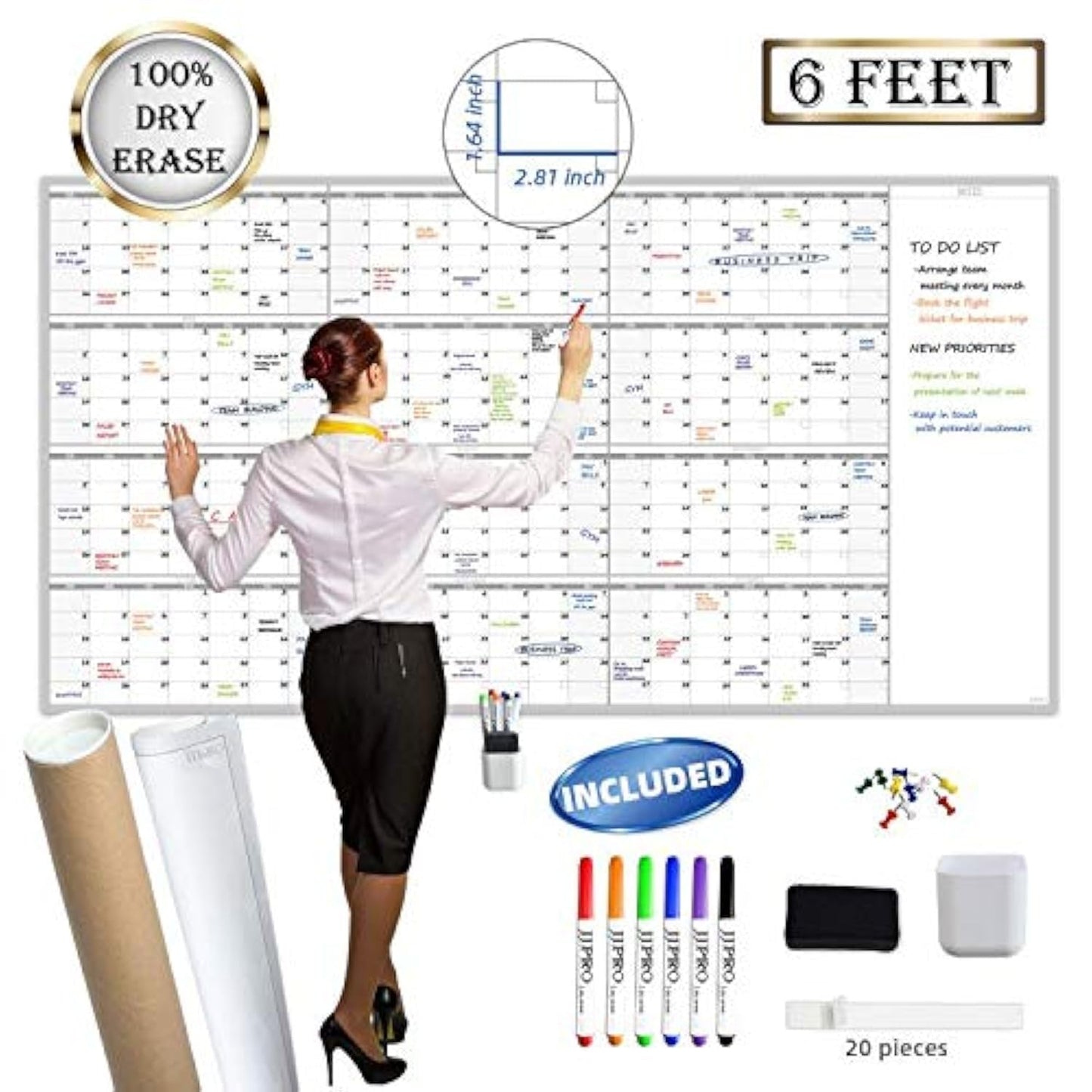 Large Reusable Dry Erase Yearly Wall Calendar - Jumbo Premium Laminated 12 month Task Organizer - 38"x72" Undated Annual Planner for Home, Office, School Projects