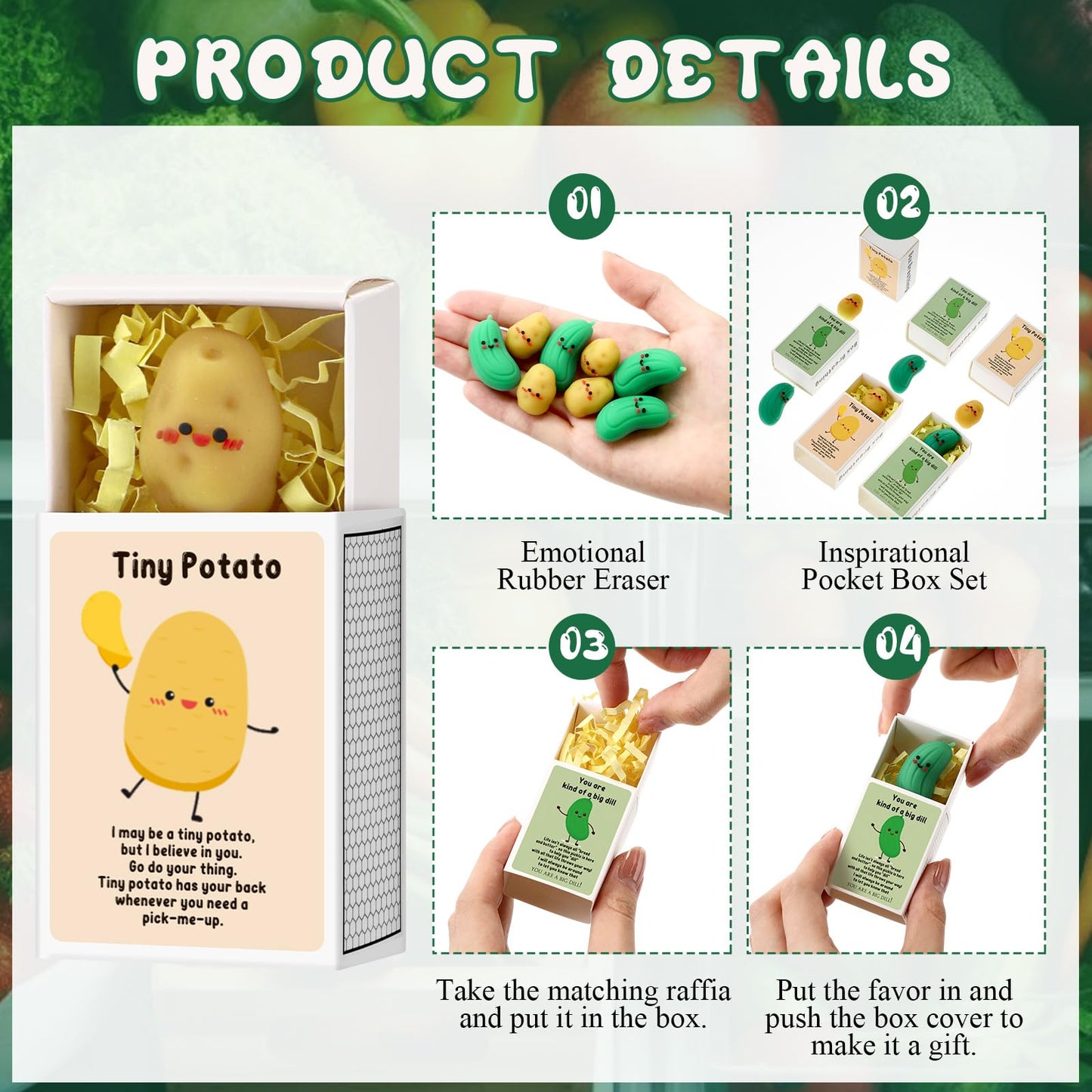 Sinload 100 Sets Emotional Positive Potato Pickle Eraser Desk Pet End of School Year Gift for Teacher Nurse Coworker with Box Raffia Pocket Hug Appreciation Gift for Office Team Staff Employee Friend