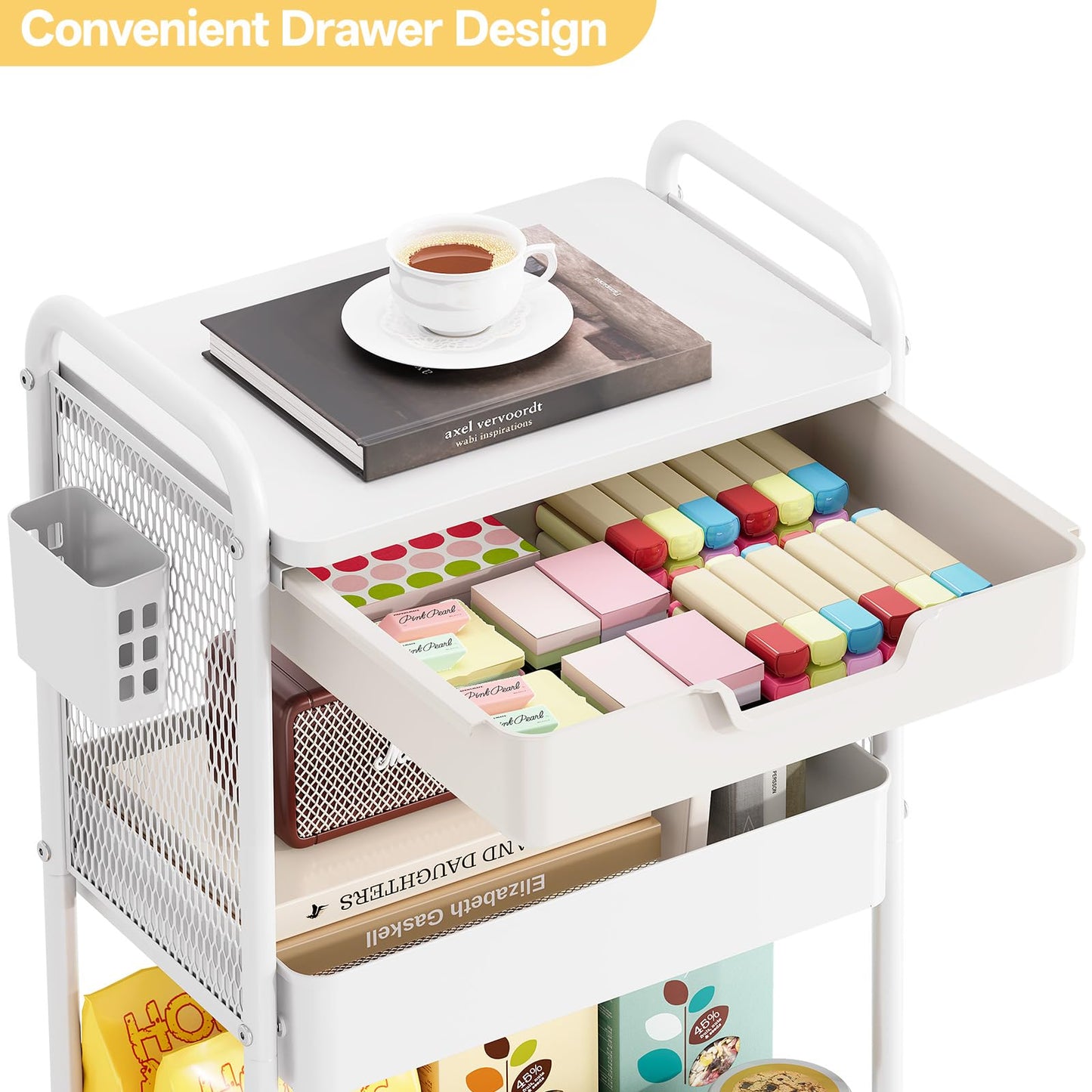 3 Tier Metal Rolling Utility Cart with Drawer & Pegboard - Multifunctional Storage Cart on Wheels with Tabletop, Hooks & Basket, Sturdy Craft & Art Cart for Bathroom, Bedroom, Children Room, White