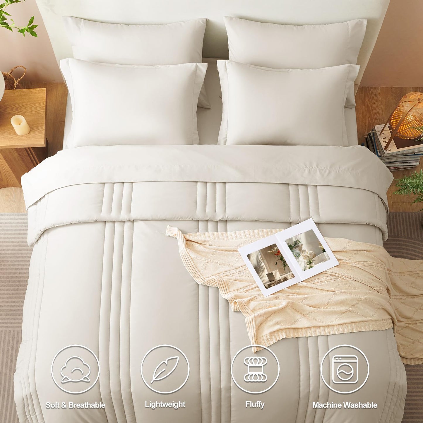 CozyLux King Size Comforter Set Beige - 7 Pieces Bed in a Bag, Modern Vertical Quilted Room Decor, Soft All-Season Bedding Gift with Comforter, Sheets, Pillowcases & Shams