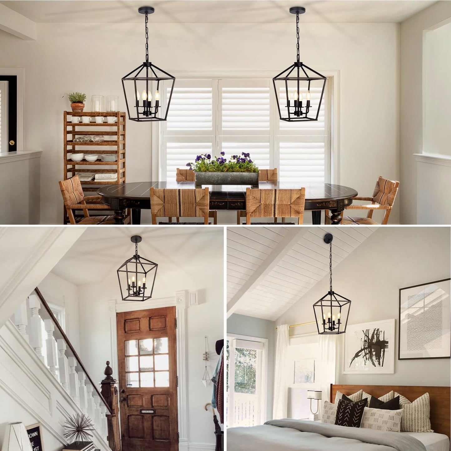 4 Light Chandelier, Industrial Ceiling Light Black Lantern Light Fixtures with Farmhouse Metal Cage Adjustable Height Rustic Geometric Hanging Light E12 Base for Kitchen Island, Entryway, Indoor