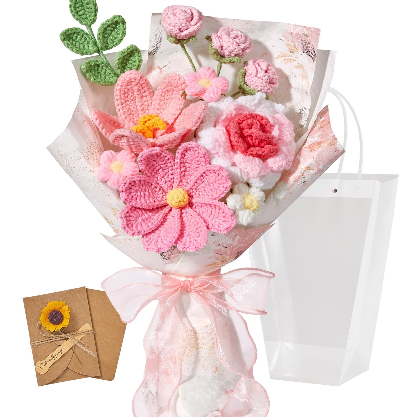 Serwalin Crochet Flower Bouquet, Pink Handmade Knitted Flowers, Crochet Tulips Galsang Flowers for Mother's Day Graduation Teacher Anniversary Birthday for Her, Girlfriend, Wife(Include Card)