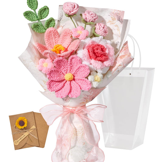 Serwalin Crochet Flower Bouquet, Pink Handmade Knitted Flowers, Crochet Tulips Galsang Flowers for Mother's Day Graduation Teacher Anniversary Birthday for Her, Girlfriend, Wife(Include Card)