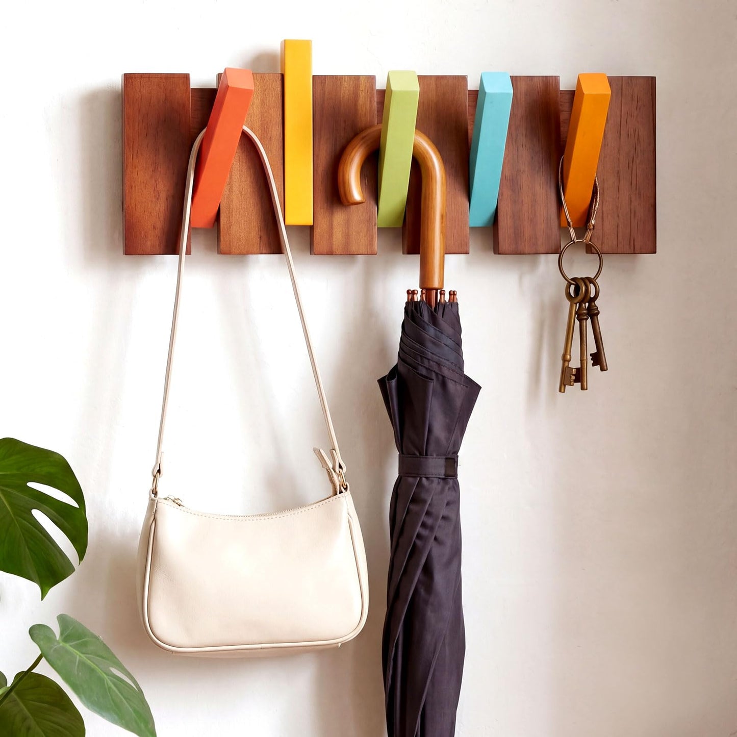 Youyole Mid Century Modern Wooden Coat Hooks Wall Mounted Folding Coat Rack Hanger with 5 Hooks Heavy Duty Flip Down Piano Hat Rack for Hanging Coats Hats Home, 5 Hook
