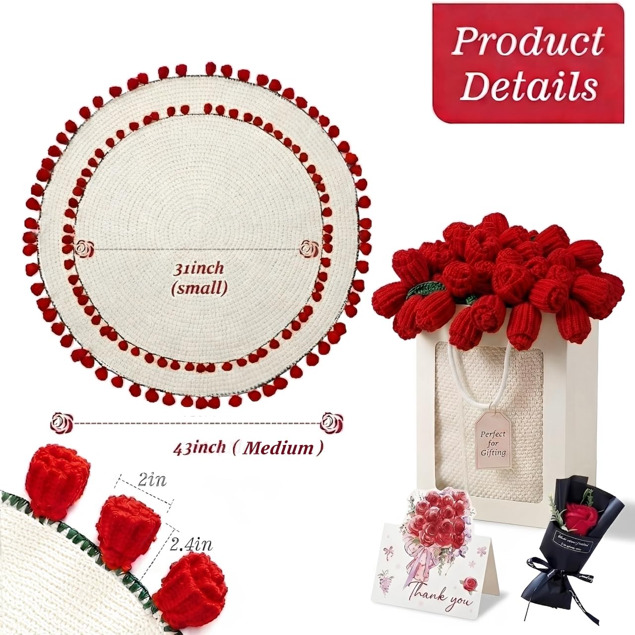 UODOR Flower Bouquet Blanket,Crochet Flower Bouquet Blanket Handmade, for Mother's Day, Valentine's Day, Birthday, Mom Grandma Home Sofa Decor (Finished Product) (Red, Small（31X31inches）)
