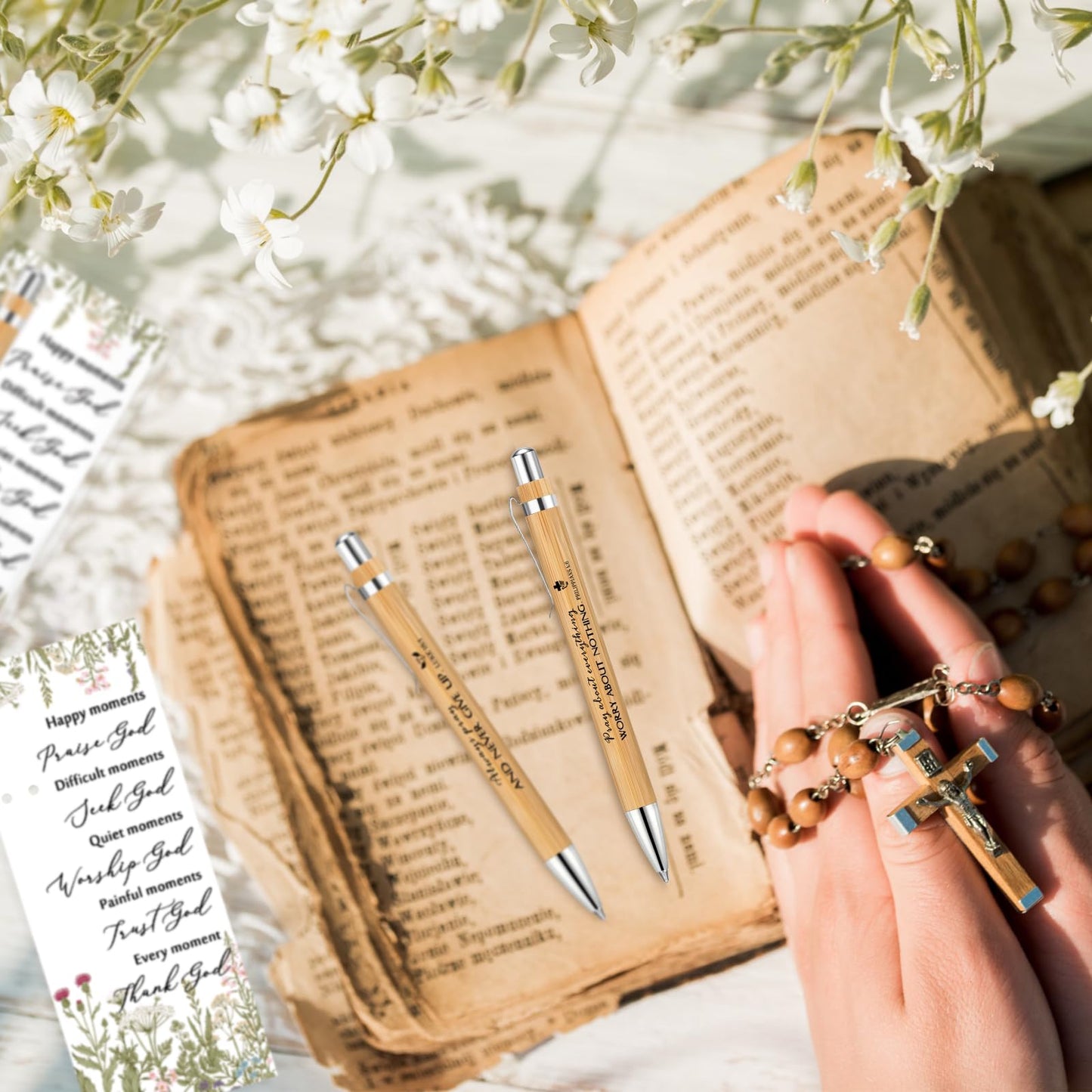 100 Set Christian Religious Gifts Bulk Include Bible Verse Pens and Inspirational Bookmarks Scripture Quote Bible Study Group Church Gifts for Christian Graduation Father's Day Pastor (Bamboo)