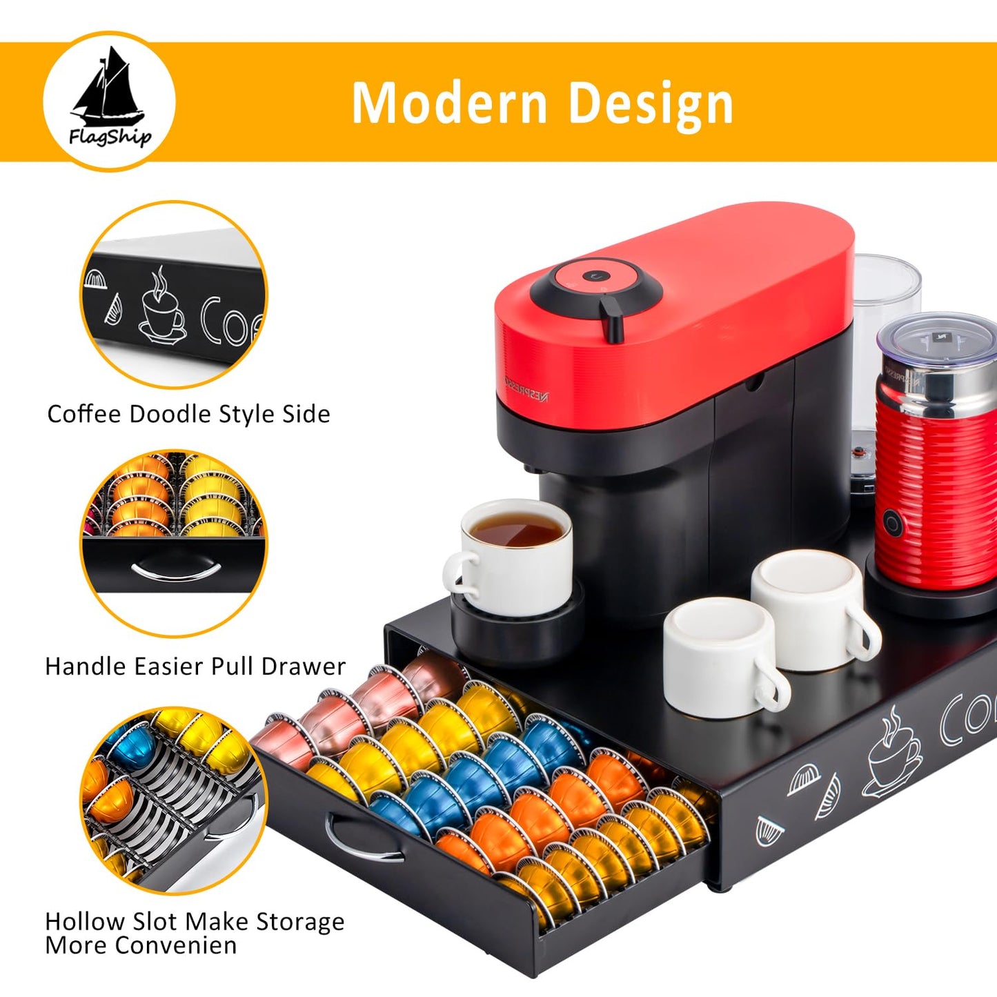 FlagShip for Nespresso Pod Holder Coffee Pod Drawer for Vertuo Pod Organizer Graffiti Style Large Capacity Fits All Size Vertuo Pods
