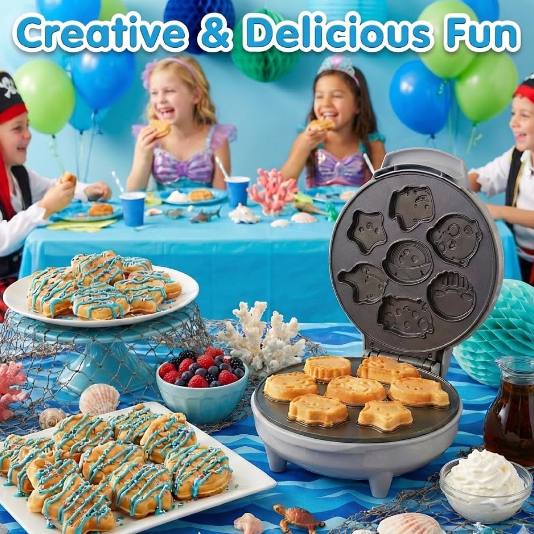 Sea Creature Mini Waffle Maker- Summer Fun, Make 7 Different Ocean Animal Shapes in Minutes- Cool for Kids & Adults w Novelty Aquatic Pancakes- Electric Non-Stick Waffler Iron, Quick & Easy Breakfast