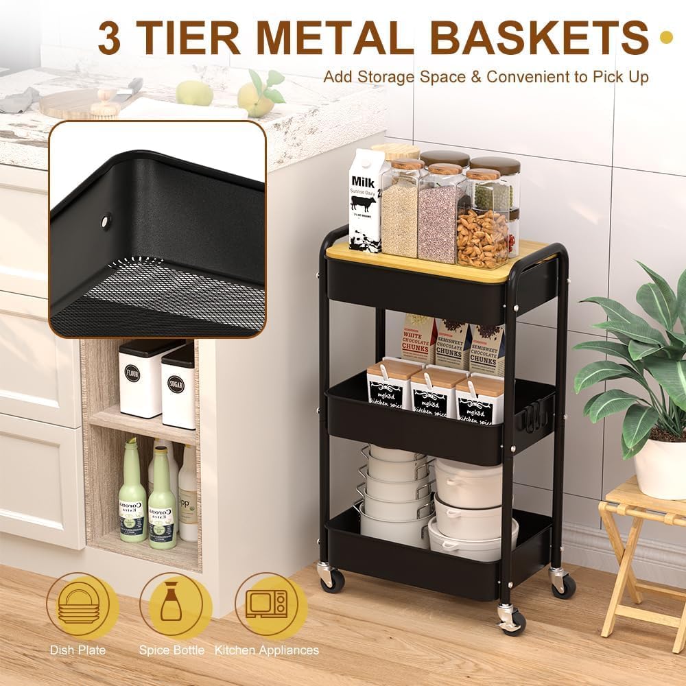 HIDODO 3 Tier Metal Utility Cart, Rolling Storage Cart with Wooden Tabletop, Metal Organizer Cart with Lockable Wheels for Office, Bedroom, Kitchen and Living Room (Black)
