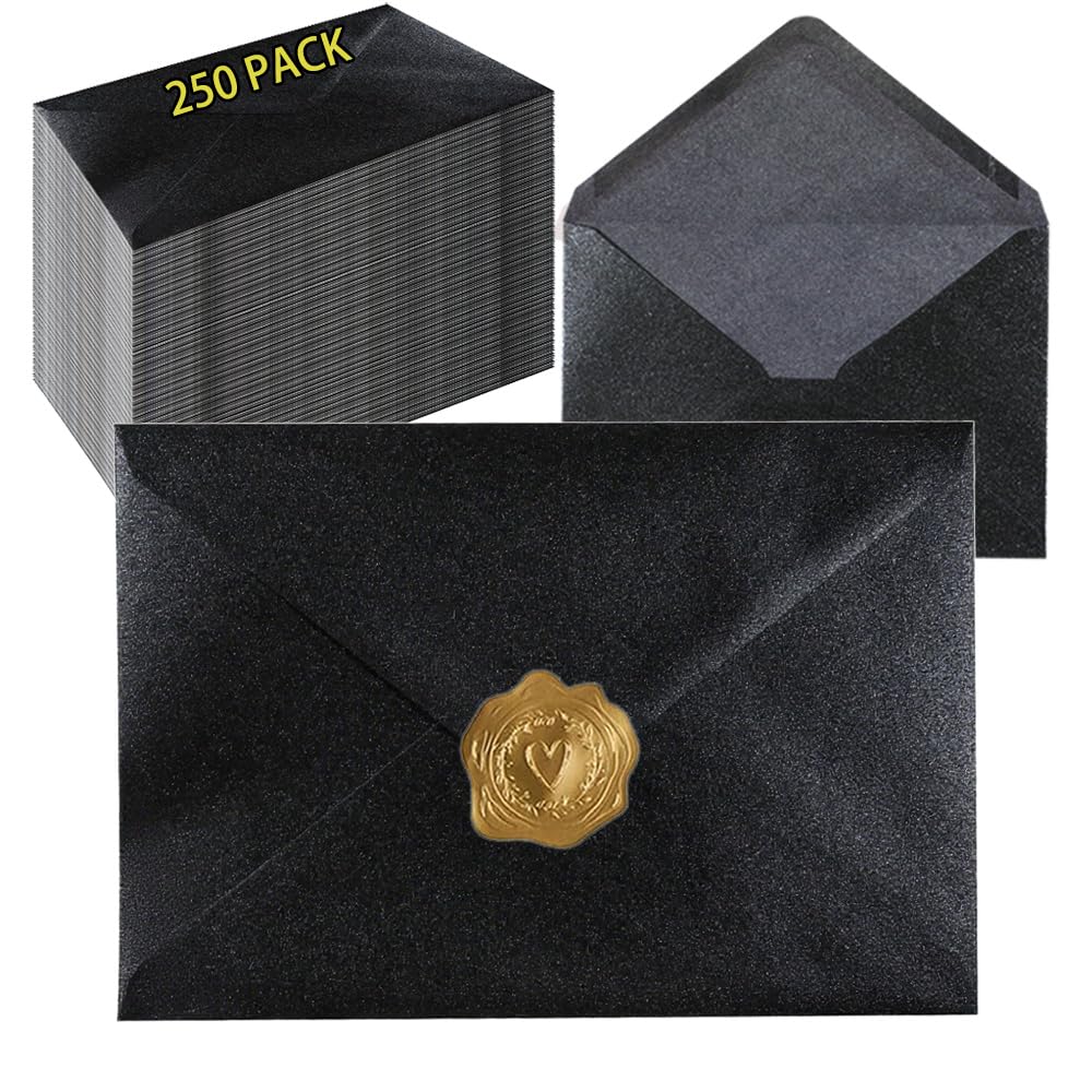 UoeRing Bulk 5x7 Self-Sealing Black Envelopes 250 Pack - A7 (5.31×7.67in) Premium 120g Pearl Glitter Paper - Printable & Writable for Wedding, Party Invitations - Includes Gold Sealing Stickers