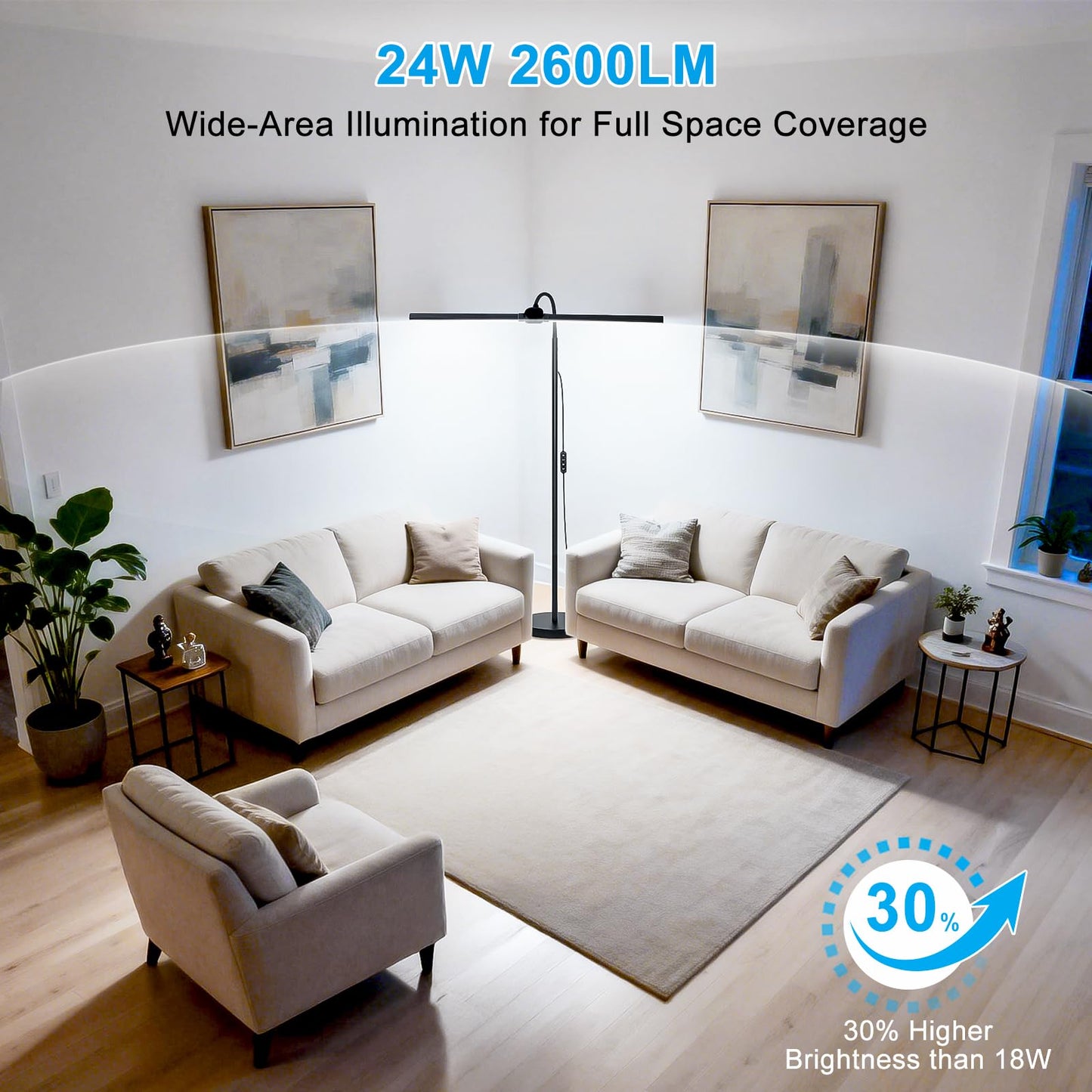 24W/2600LM LED Floor Lamp, Bright Reading Floor Lamps with Dual Head Adjustable Gooseneck, Dimmable Standing Task Lamp for Office Living Room Bedroom, Modern Eye Caring Light for Puzzle Craft Sewing