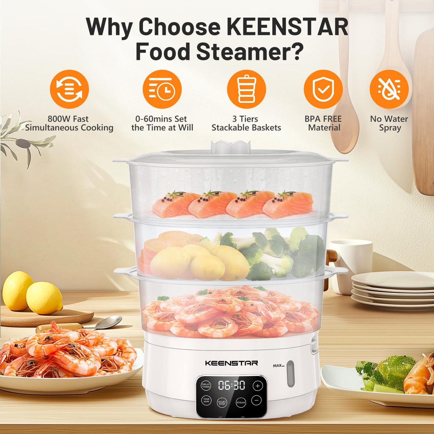Electric Food Steamer, 13.7QT Vegetable Steamer with Stackable 3 Tiers BPA-Free Baskets, Digital Steamer with Appointment and Timer, 800W Simultaneous Cooking, Ideal for Veggies Seafood Rice White
