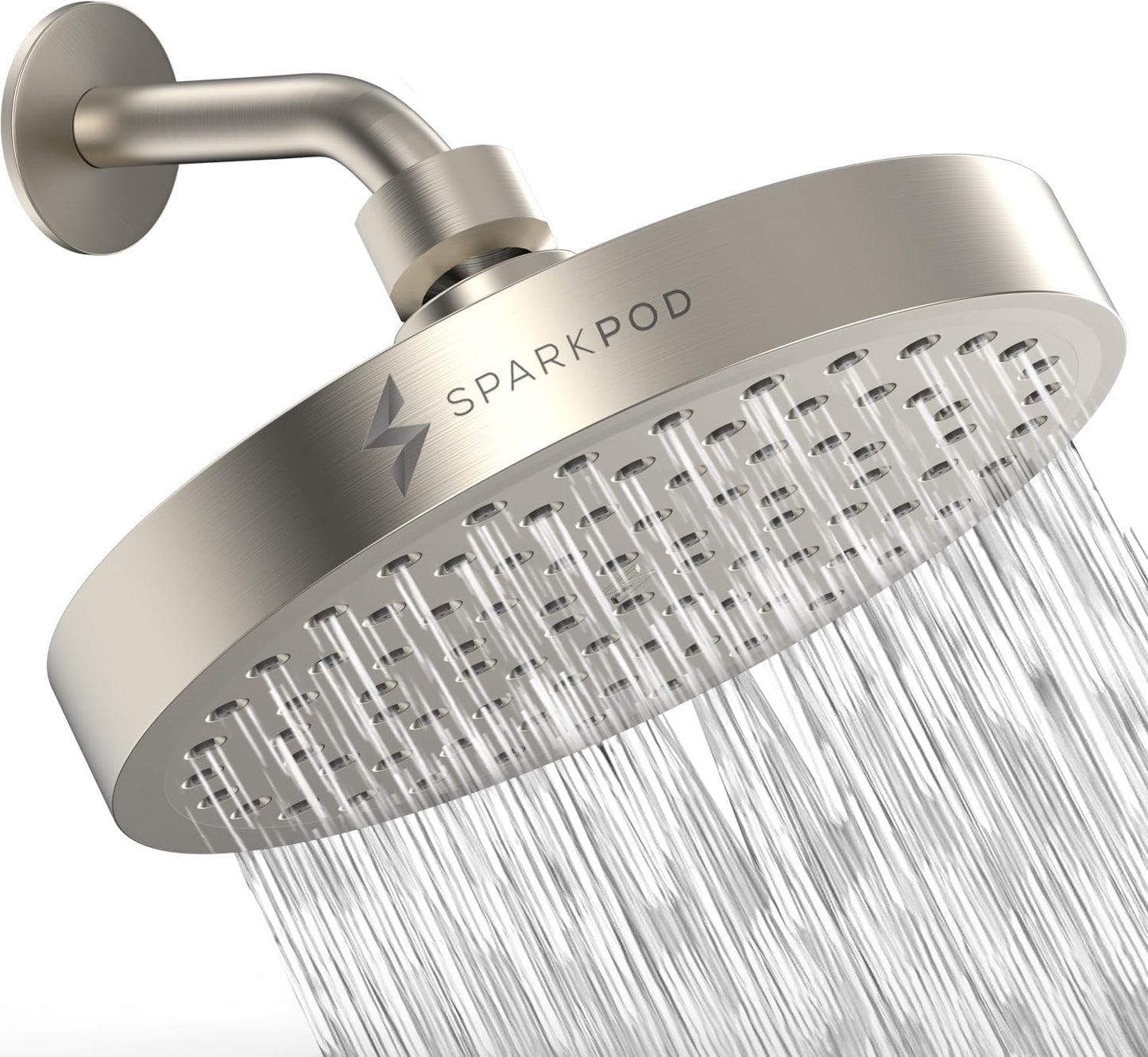 SparkPod Shower Head - High Pressure Rain - Premium Quality Luxury Design - Easy Clean Adjustable Replacement for Your Bathroom Shower Heads (Elegant Brushed Nickel, 6 Inch Round)