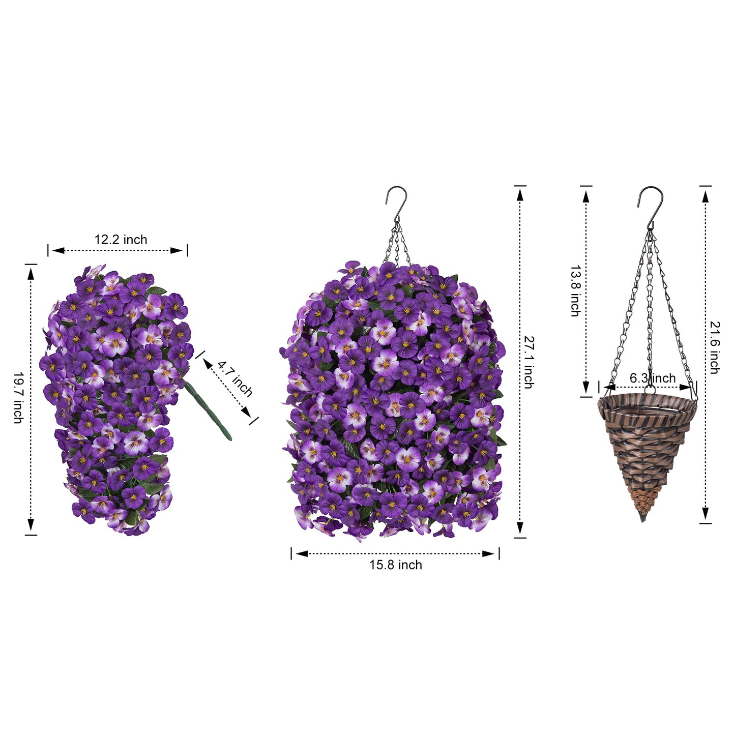 HyeFlora 4pcs Artificial Flowers for Outdoors Fake Pansy with Hanging Basket UV Resistant Silk Spring Faux Flowers for Outside Front Door Porch Yard (Mix Purple)
