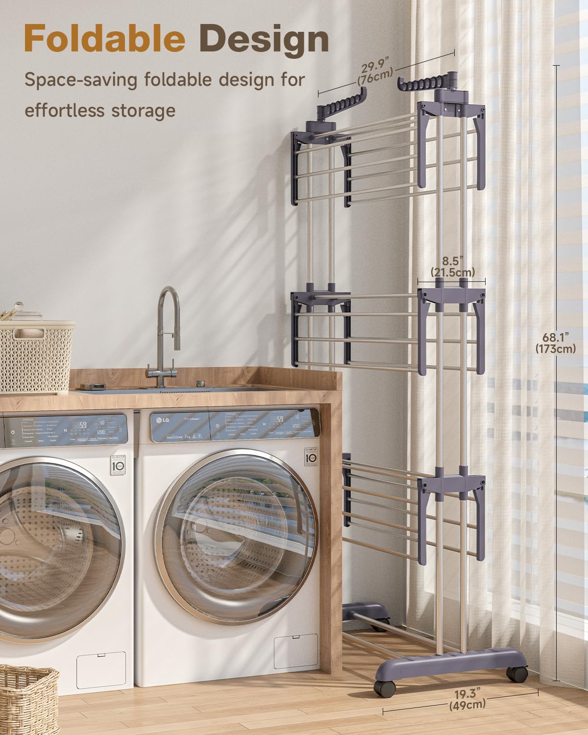 Bigzzia Clothes Drying Rack Folding Drying Rack Clothing 4 Tier Clothes Horses Rack Stainless Steel Laundry Drying Rack with Two Side Wings Grey