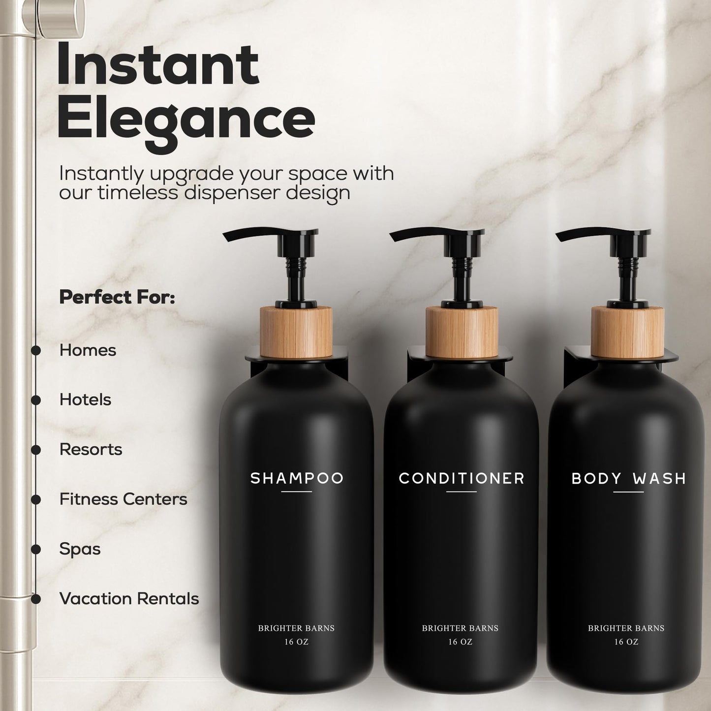 Black Shampoo and Conditioner Dispenser Set Wall Mounted by Brighter Barns - Shampoo Dispenser for Shower Wall 3 Chamber No Drill - Shower Bottles Refillable with Labels for Bathroom, Airbnb (Black)