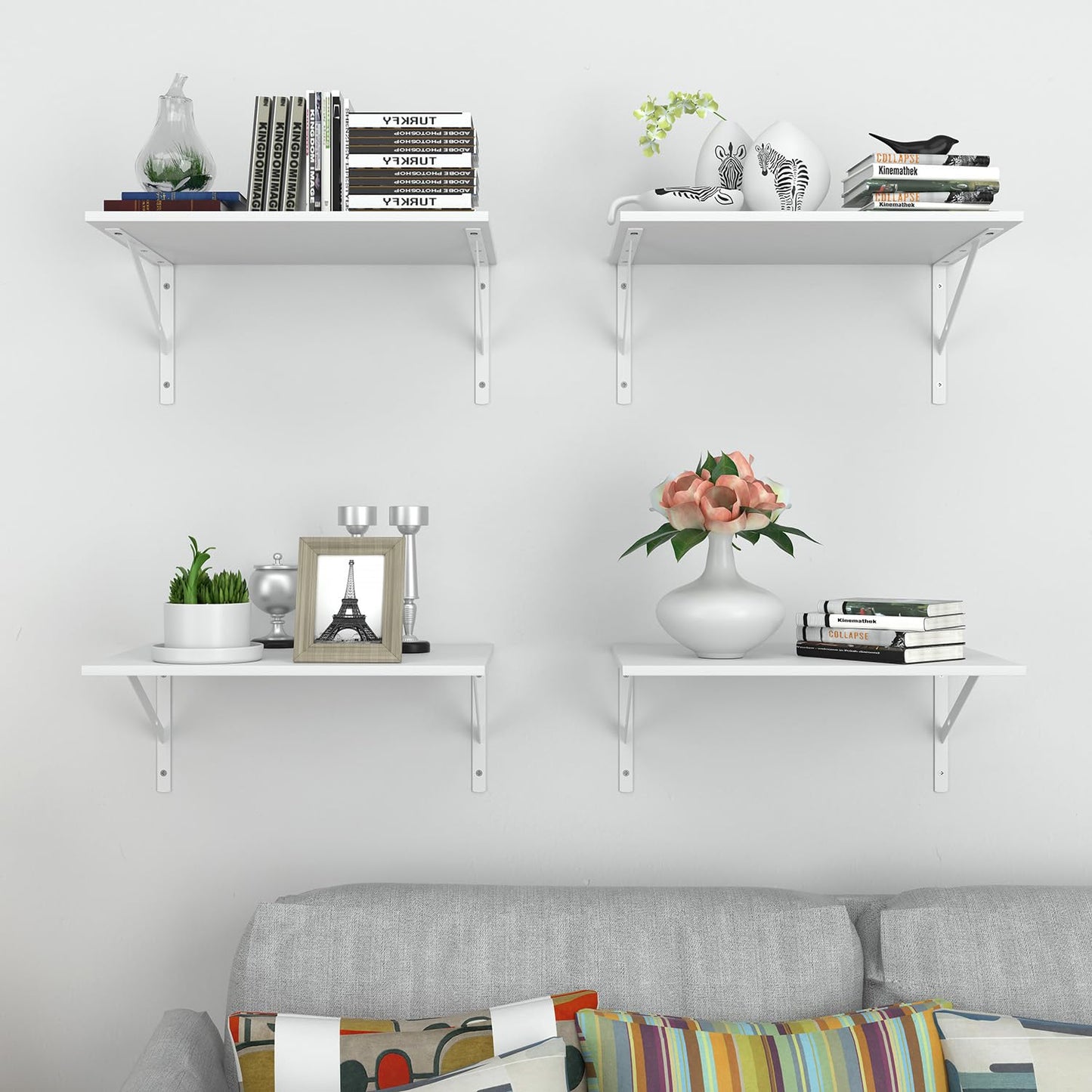 Dushikent Deep Floating Wall Shelves - 4 Sets of 12 Inch Wide White Wood Shelves for Bathroom, Bedroom, Kitchen, Living Room