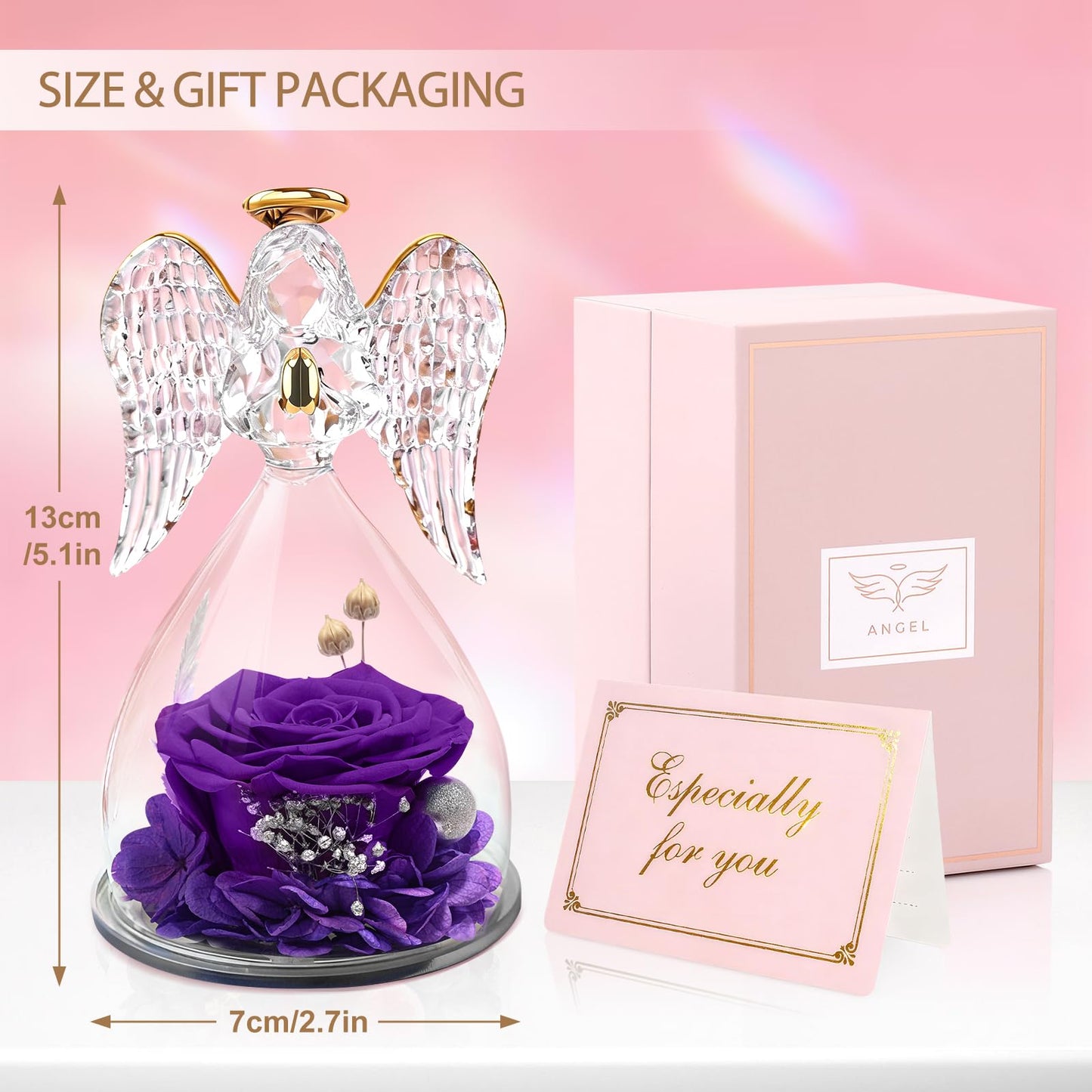 Yamonic Mom Birthday Gifts for Mom Grandma, Angel Figurines with Real Rose Gifts for Women Moms, Preserved Flowers Rose Glass Angel for Mothers Day Christmas Valentine's Day Gifts for Her(Purple)