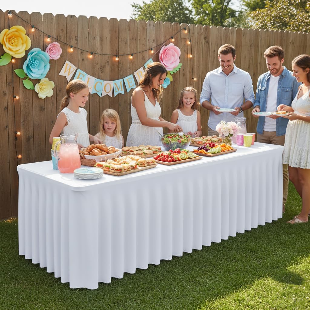 HolidayIdeas White 8ft Spandex Tablecloth 2 Pack Fitted Stretch Table Skirts 30x96 Inch, Wrinkle-Free Floor Length Polyester Table Cover for Weddings Parties Banquets Events