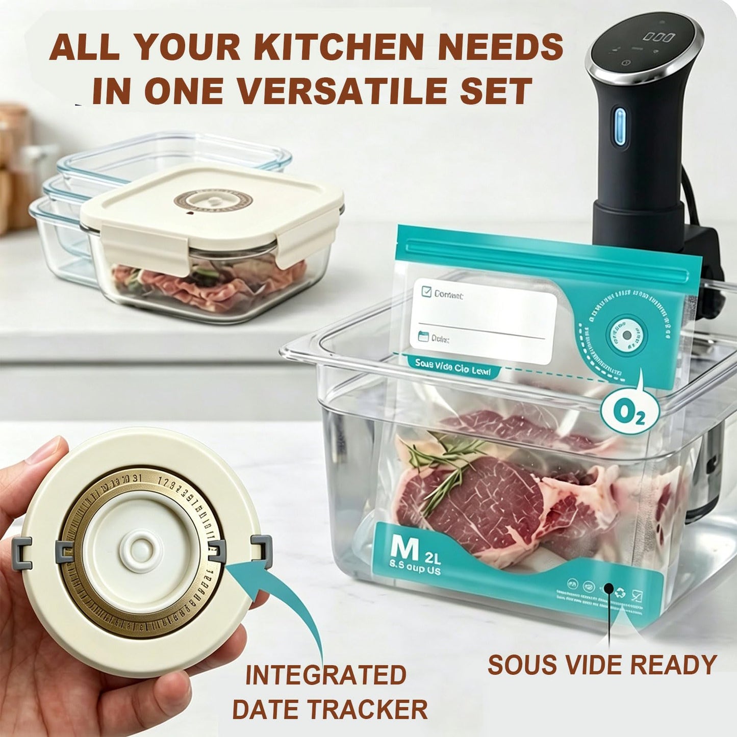 3-Piece Square Glass Vacuum Food Storage Containers Set with Hand Pump & 10 Sealer Bags, Borosilicate Airtight Meal Prep Lids with Date Tracker, Leakproof, Freezer & Microwave Safe [18/27/42 Oz]