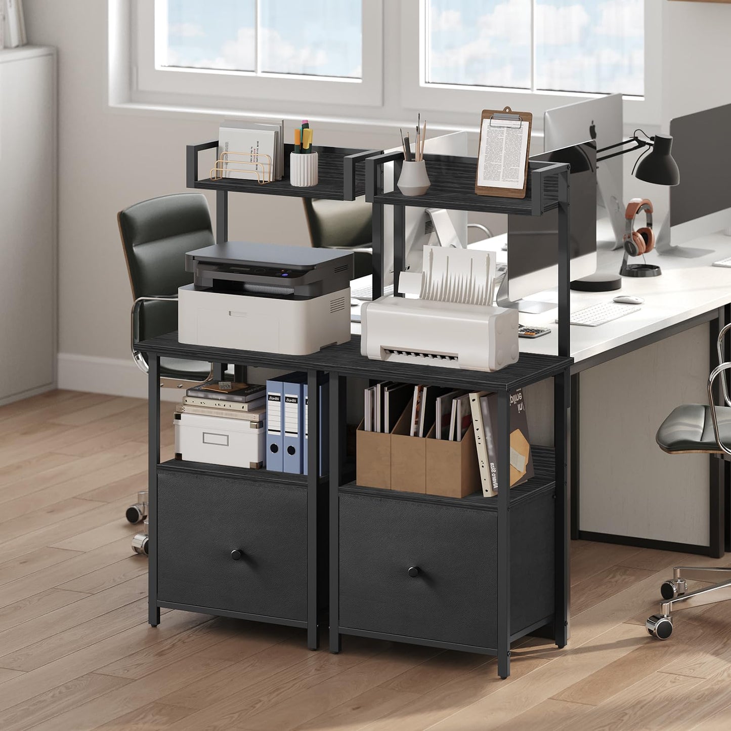 MAHANCRIS Printer Table with Storage, Home Printer Stand with File Cabinet, Fits A4/Letter Size Files, Printer Cabinet with Large Tabletop, Display Shelf, for Home Office, Black PTBK3501