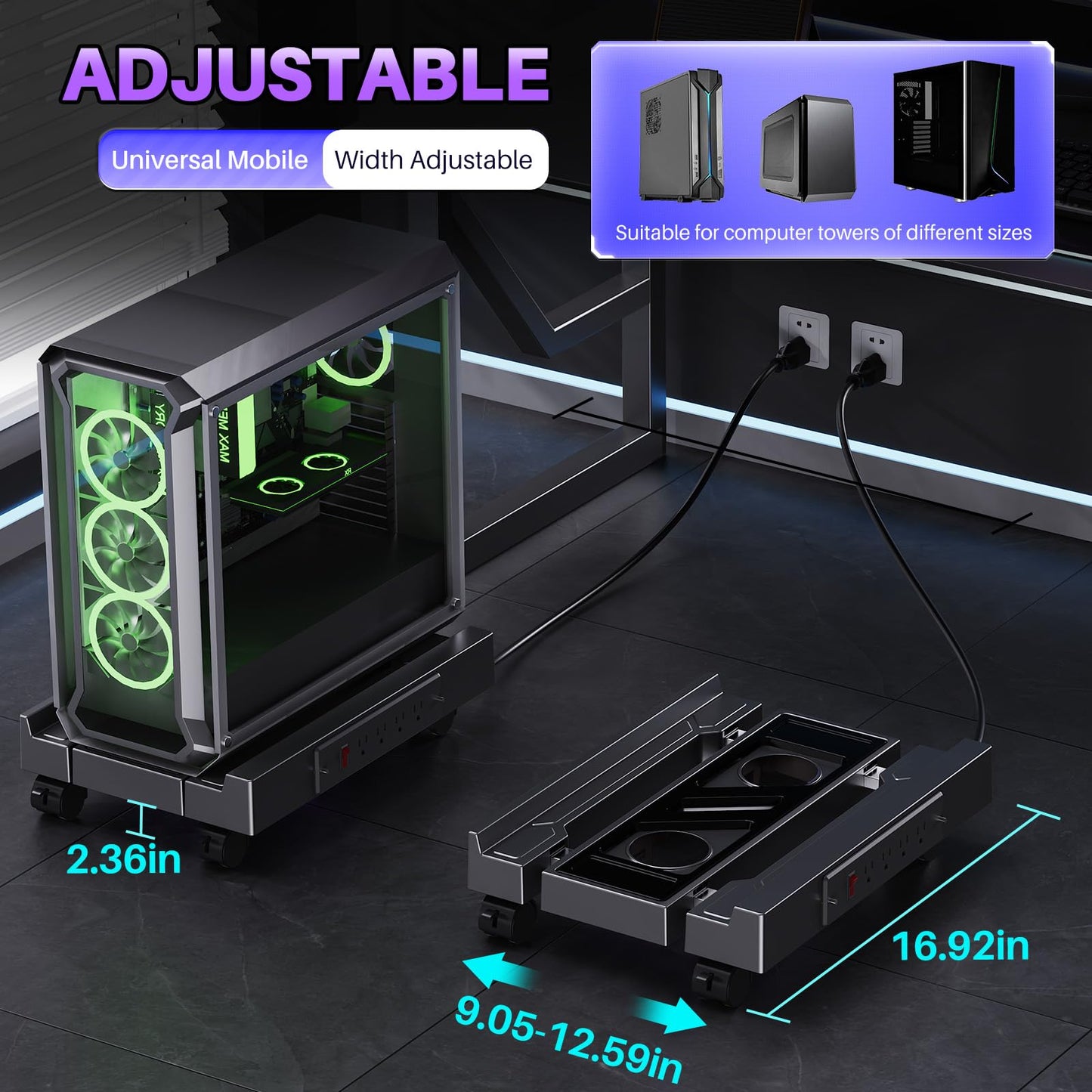 Hovadova Adjustable Computer Tower Stand with Charging Station, PC Stand for Floor, Mobile CPU Holder with 4 Caster Wheels Fits Most PC Tower, Under Desk CPU Holder for Office,Gamers and Students