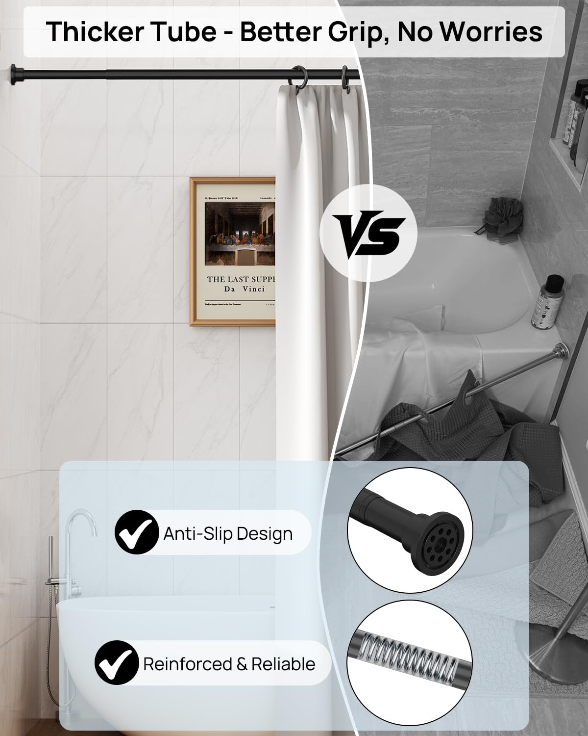 ALLZONE Heavy Duty Tension Shower Curtain Rod 42-83 Inches for Bathroom, Window, Non-Slip, Adjustable with Strong Spring Pole for Closet, Doorway, No Rust, No Drilling, Black