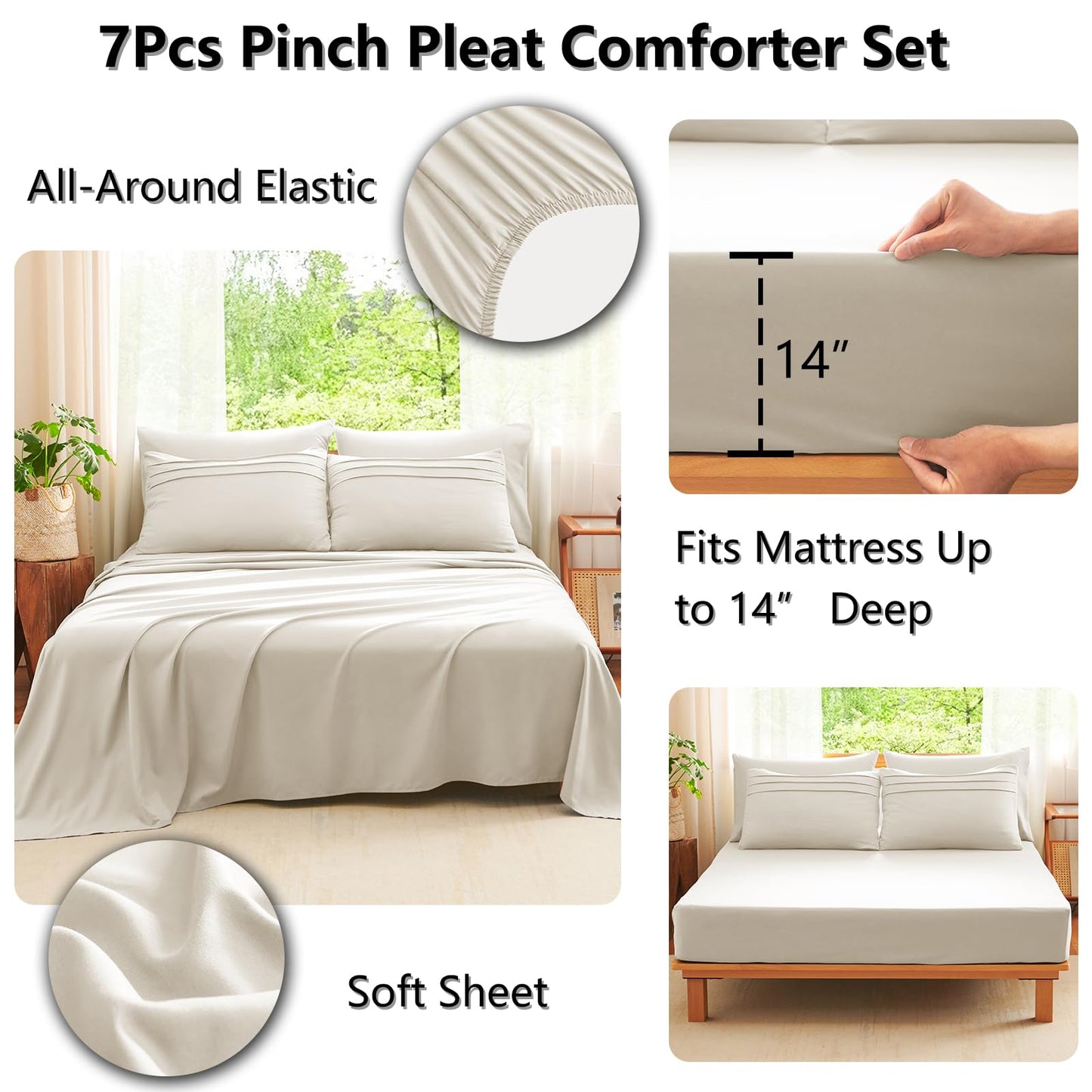 CozyLux Queen Comforter Set Beige, 7 Pieces Soft Pinch Pleat Bed in a Bag Queen Comforter Set with Sheets, Boho Bed Set with Down Alternative Comforter, Sheets, Pillowcases & Shams