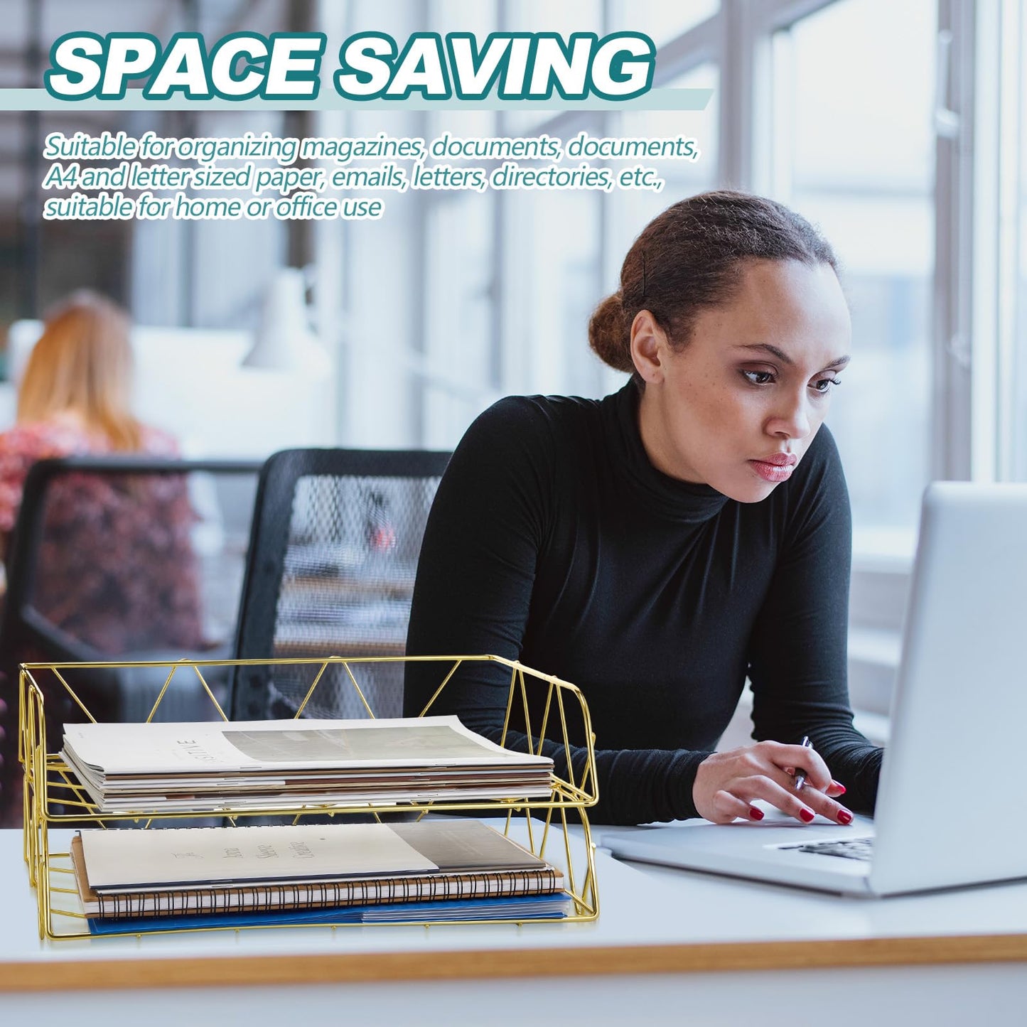 Yeaqee 4 Tier Stackable Gold Desk Organizer Paper Tray Rack Metal Letter Desk File Organizer Horizontal Holder File Trays for Office Desktop Supplies and Accessories