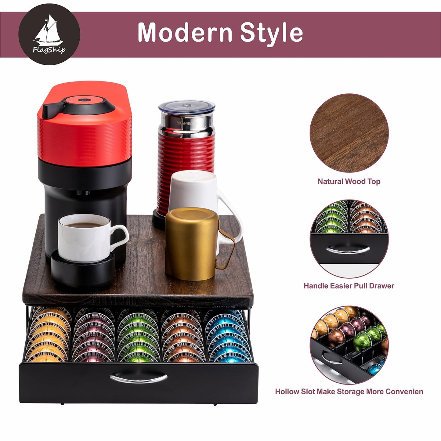 FlagShip for Nespresso Pod Holder Vertuo Pod Drawer Coffee Pod Storage for Vertuo Pod with Elegant Wood Top(50 Pods Capacity)