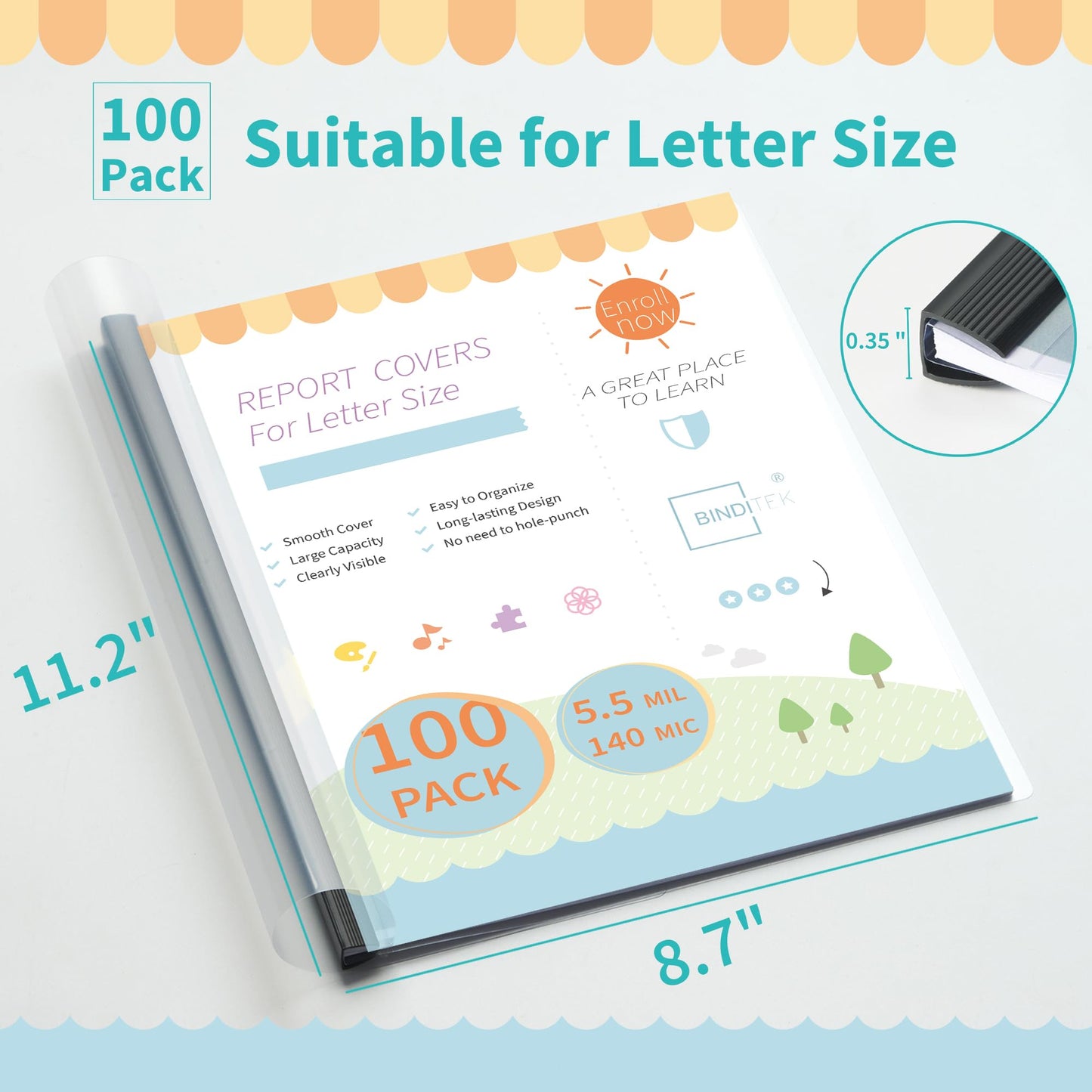 Binditek 100 Pack Clear Report Covers with Black Sliding Bars, 70 Sheet Capacity, 9mm Binding Bars, Letter Size, 5.5 Mil Thick, Black, for Students and Coworkers
