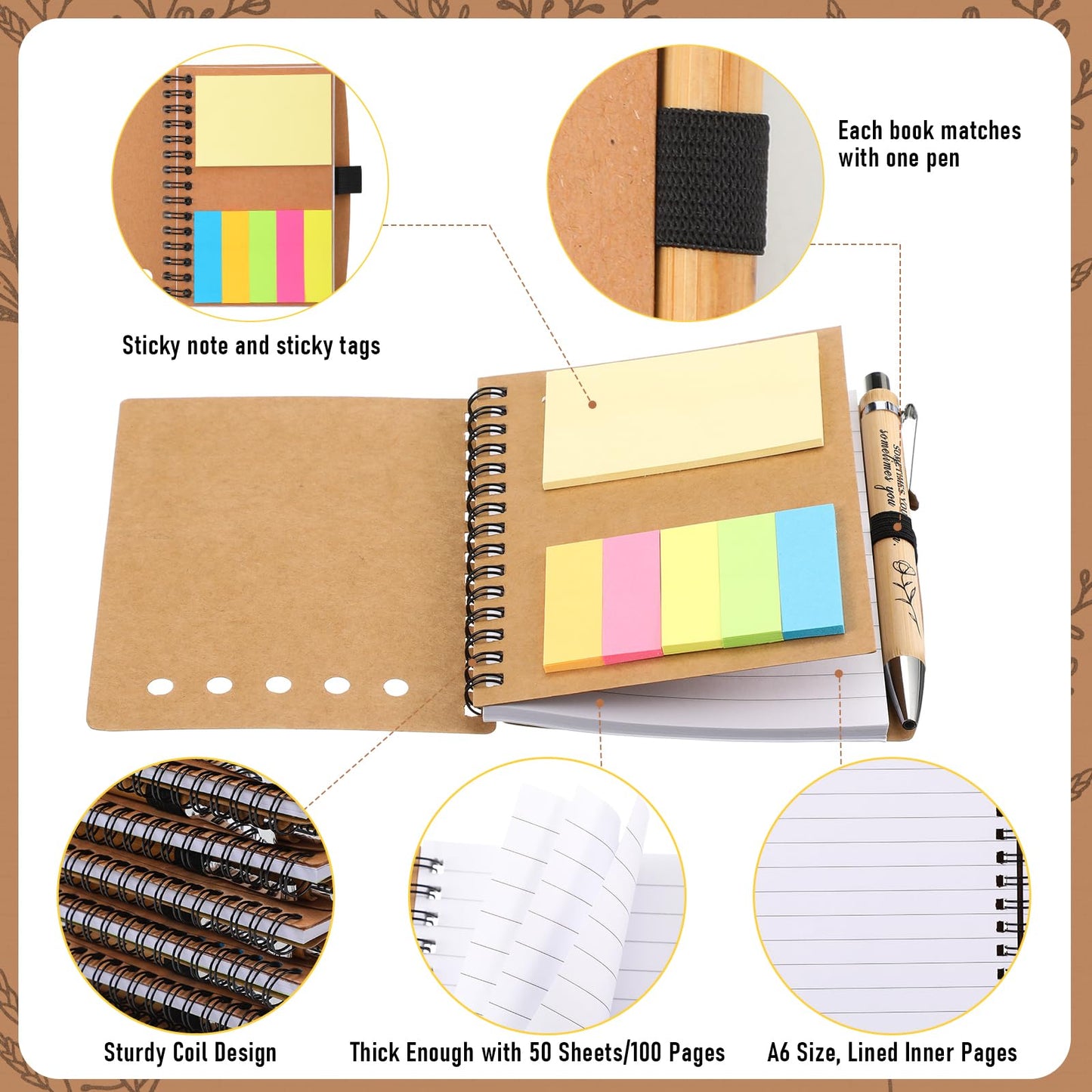 Watersay 20 Set End of Year Gifts for Teacher Students Bulk Inspirational Notebooks with Thank You Pens Employee Coworkers Staff Appreciation Gifts Volunteer Women Men (Boho Froal)