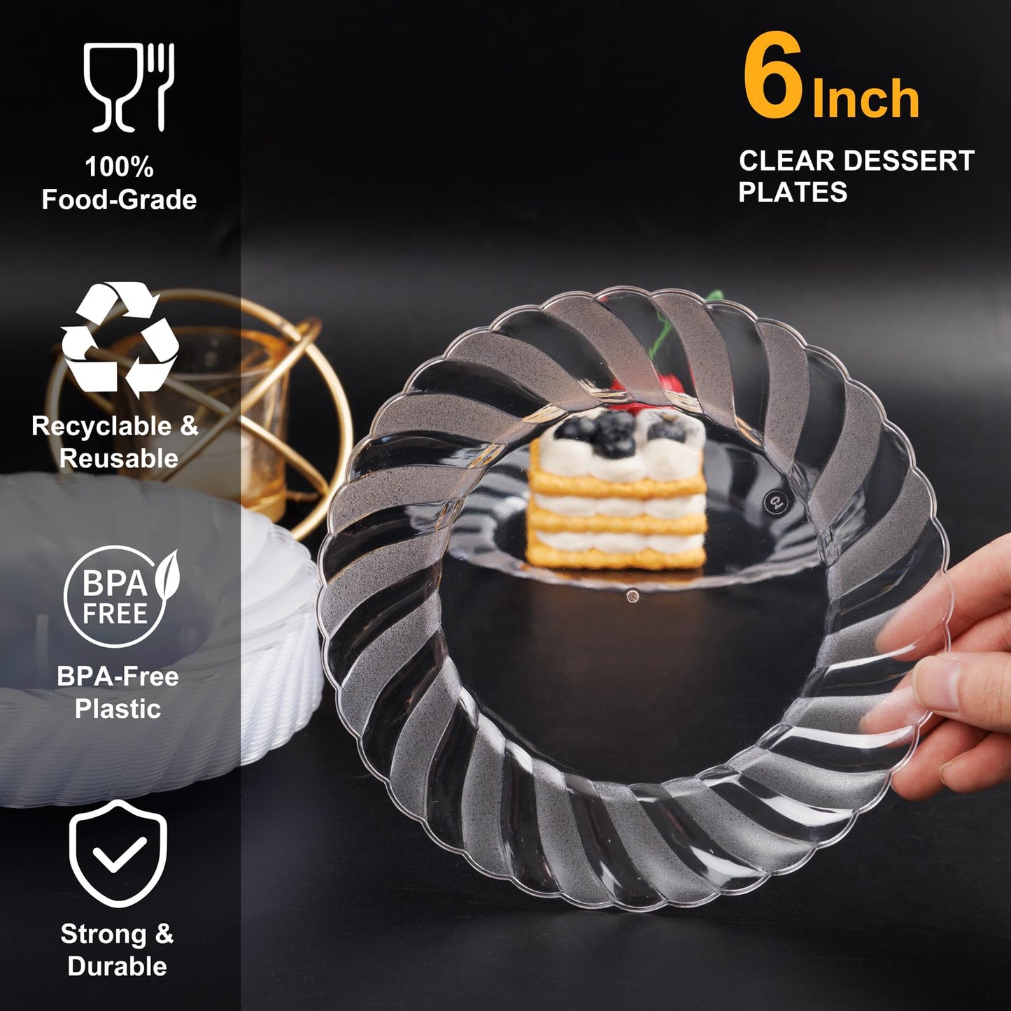 U-QE 100 Pieces Clear Plastic Plates-6 Inch Plastic Dessert Plates Disposable - Washable & Reusable - Premium Hard Clear Plates Fancy Disposable Heavy Duty Plastic Plates for Party,Weddings and Events