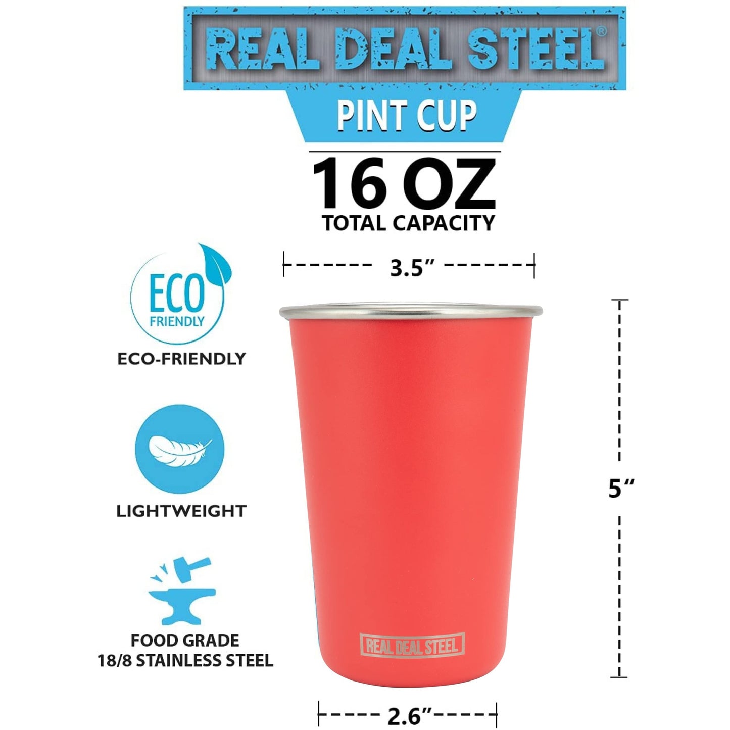 Real Deal Steel Rainbow Cups 16 oz Pint Cups, Stackable Tumblerrs, Eco Friendly Premium Metal Drinking Glasses