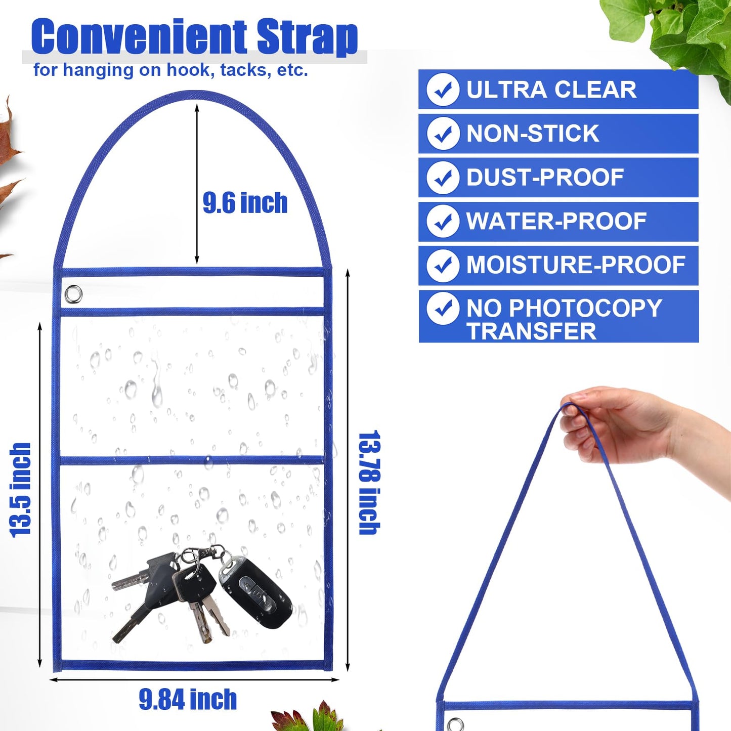 Epakh 30 Pack Shop Ticket Holders 9 x 12 Inch Work Order Plastic Sleeves Job Ticket Holders Dry Erase Repair Order Sleeves with Hanging Strap, Both Sides Clear(Blue)