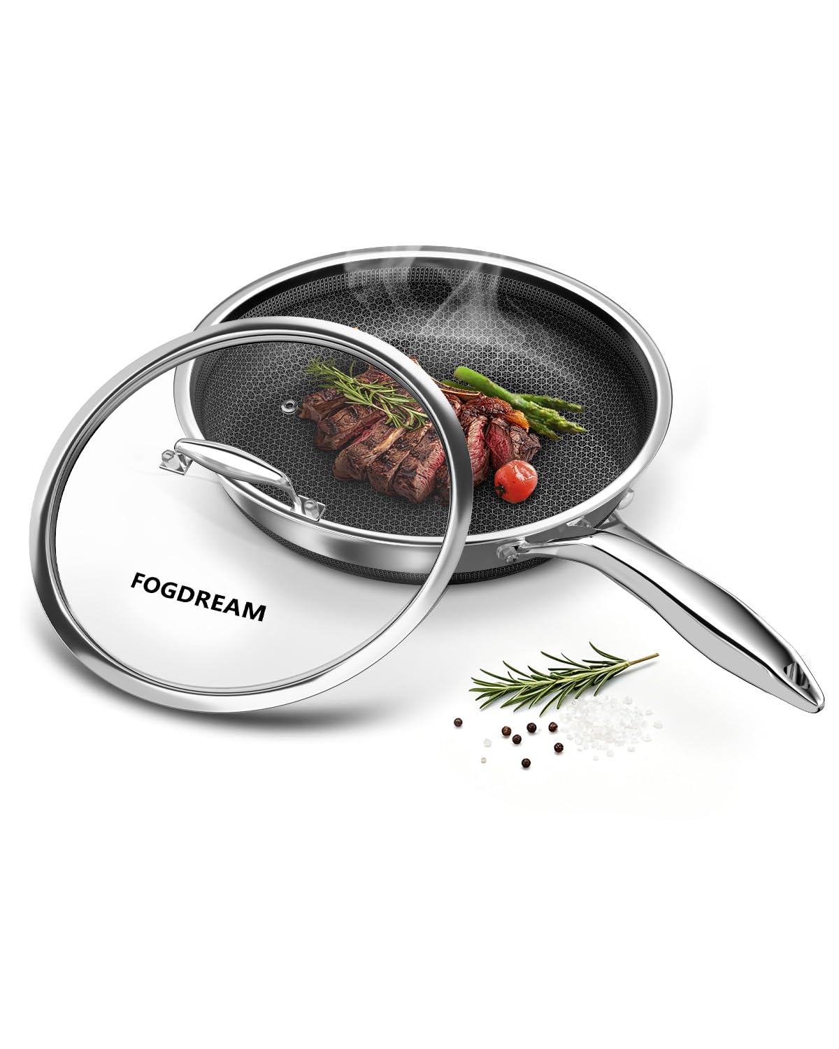 FogDream 8 Inch Nonstick Frying Pan with Lid, Honeycomb Hybrid Stainless Steel Skillet, Tri-Ply Induction Compatible, Non Toxic Frying Pan, Oven Safe, Dishwasher Safe, Silver