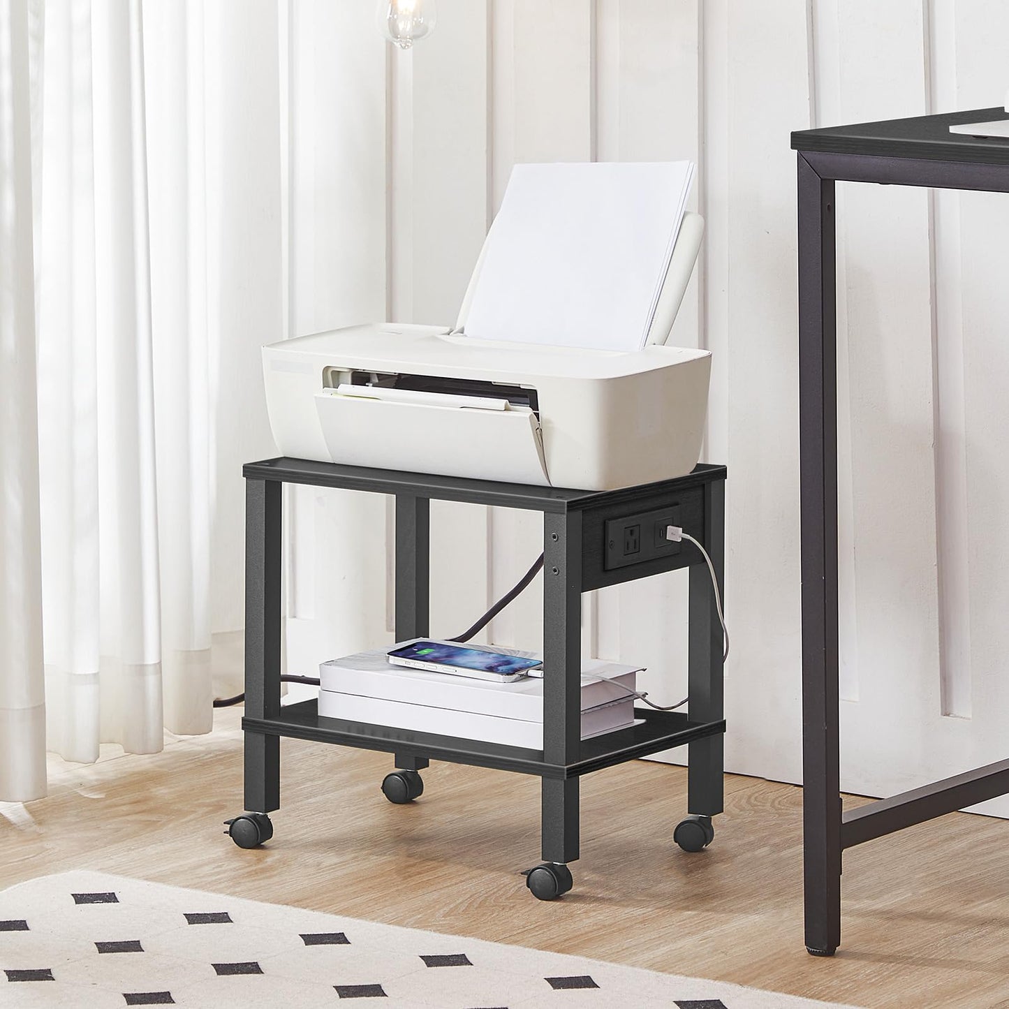 HOOBRO 2-Tier Printer Stand with Charging Station, Under Desk Printer Table, Printer Cart with Storage Shelves, Shelf for Small Spaces, for Home Office, Black BK38UPS01
