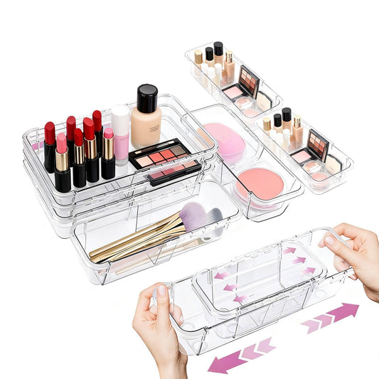 16 Pcs Extendable Clear Drawer Organizer, All Adjustable Vanity Storage Box, 2-Size Desk Drawer Organizer, Durable Storage Bins for Makeup, Cosmetic, Bedroom Dressers Tool Organizer for Gadgets
