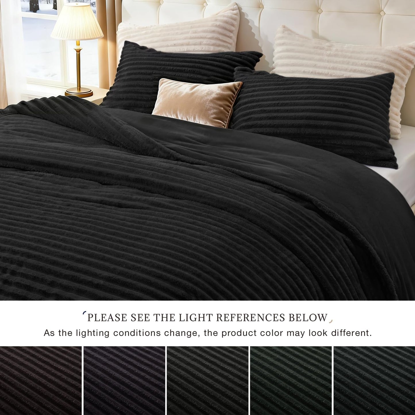EXQ Home Fluffy Comforter Set King Size - Super Soft Faux Fur Stripe Jacquard Comforter 3 Pieces, Black Fleece Bedding Set,Winter Warm Bed Set,1 Comforter with 2 Pillowcases