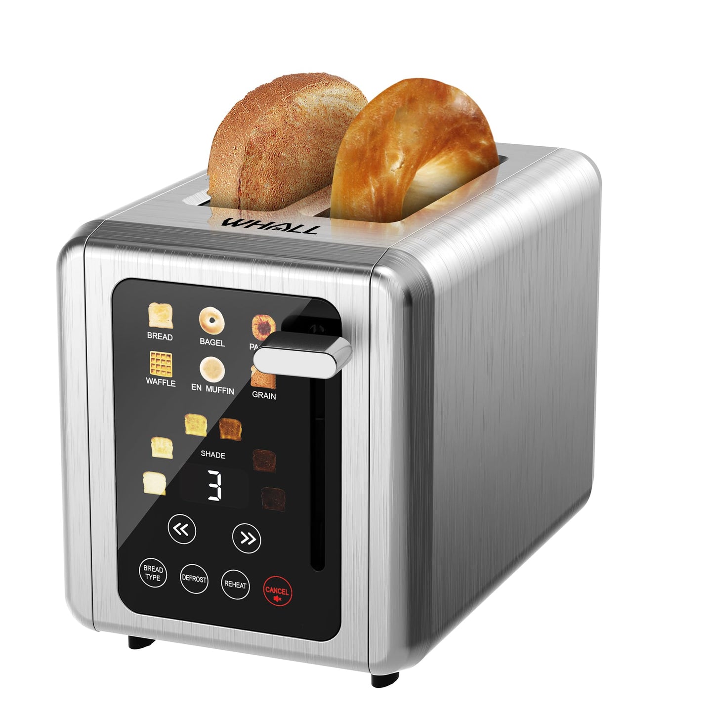 WHALL Touch Screen Toaster 2 Slice,Smart Digital Toaster with 1.5" Wide Slots,6 Shade Settings & 6 Bread Types,Memory Function,Countdown Timer,Brushed Stainless,Ideal Kitchen Gift & Essential