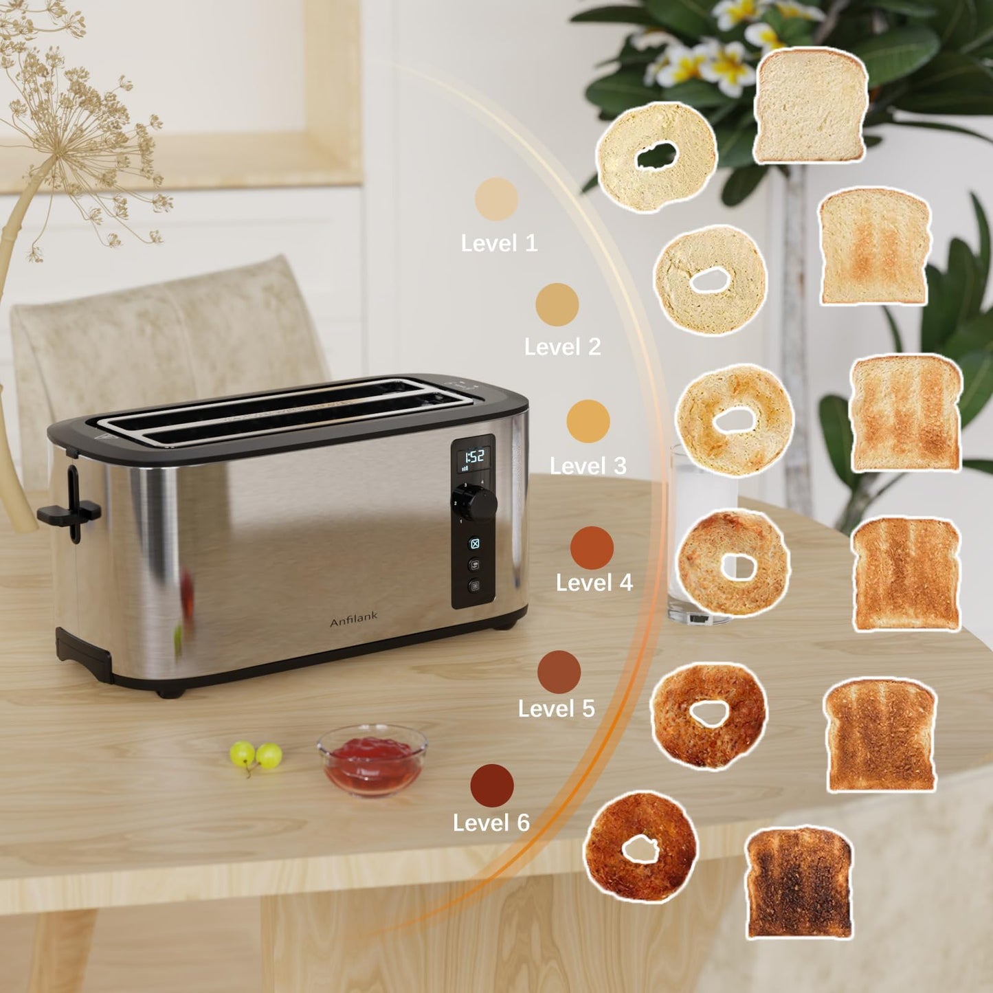 Anfilank Toaster 4 Slice with Countdown Timer, Extra Wide Slots for Bagels and Waffles, 6 Browning Settings, Removable Crumb Tray, Stainless Steel