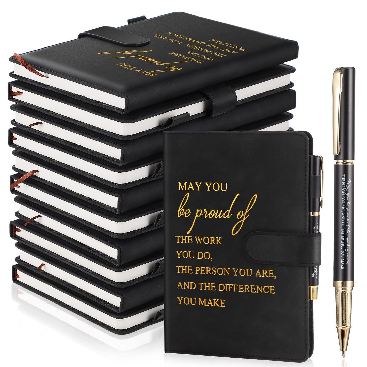 Kosiz 20 Pcs/10 Sets Employee Appreciation Gift Bulk A5 Leather Notebook and Inspirational Journal Pen Thank You Gift for Fathers Day Coworkers Teacher CNA Nurse(Black,Proud)