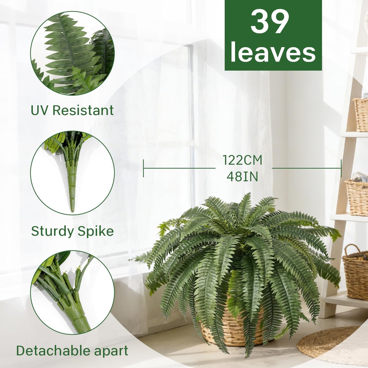 Apeair Set of 2 Large Artificial Boston Fern Plants, 48" Giant Faux Ferns with 39 Realistic Fronds, UV Resistant Fake Greenery for Outdoor Porch, Hanging Basket, Patio Garden Decor