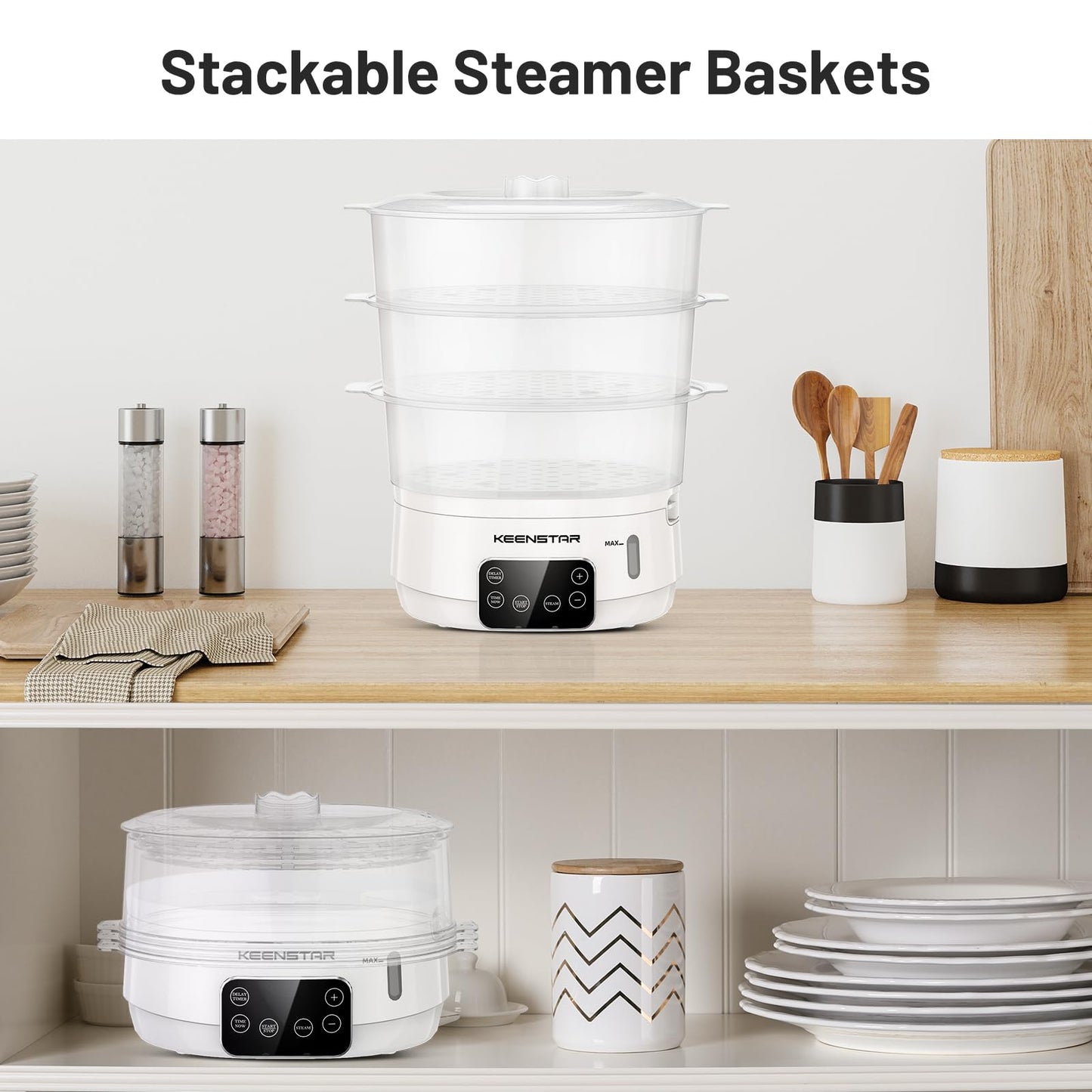 Electric Food Steamer, 13.7QT Vegetable Steamer with Stackable 3 Tiers BPA-Free Baskets, Digital Steamer with Appointment and Timer, 800W Simultaneous Cooking, Ideal for Veggies Seafood Rice White