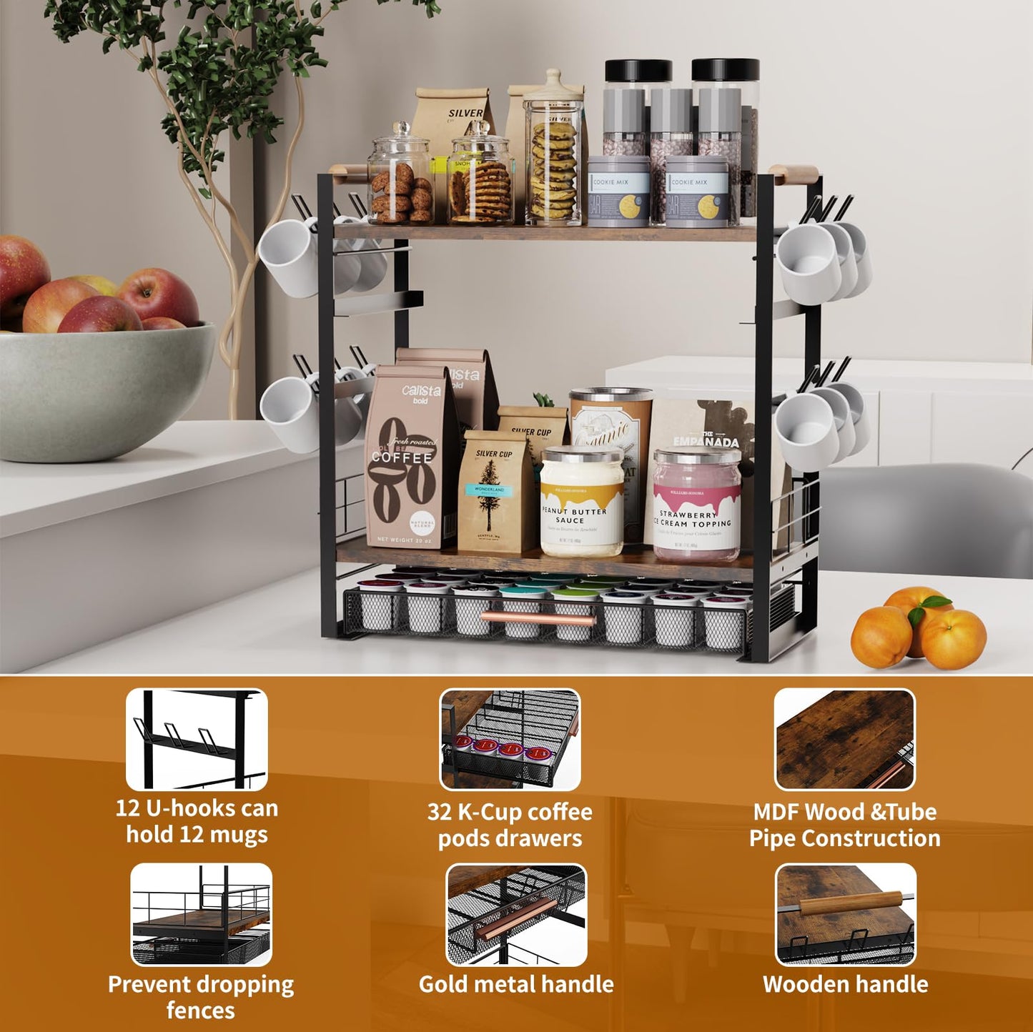 Coffee Bar Station Organizer for Countertop - 32 Pod for K Cup Holder with Drawer and 12 Mug Holder, 3 Tier Coffee Bar Accessories (Black, 3-Tier with 1 drawer)