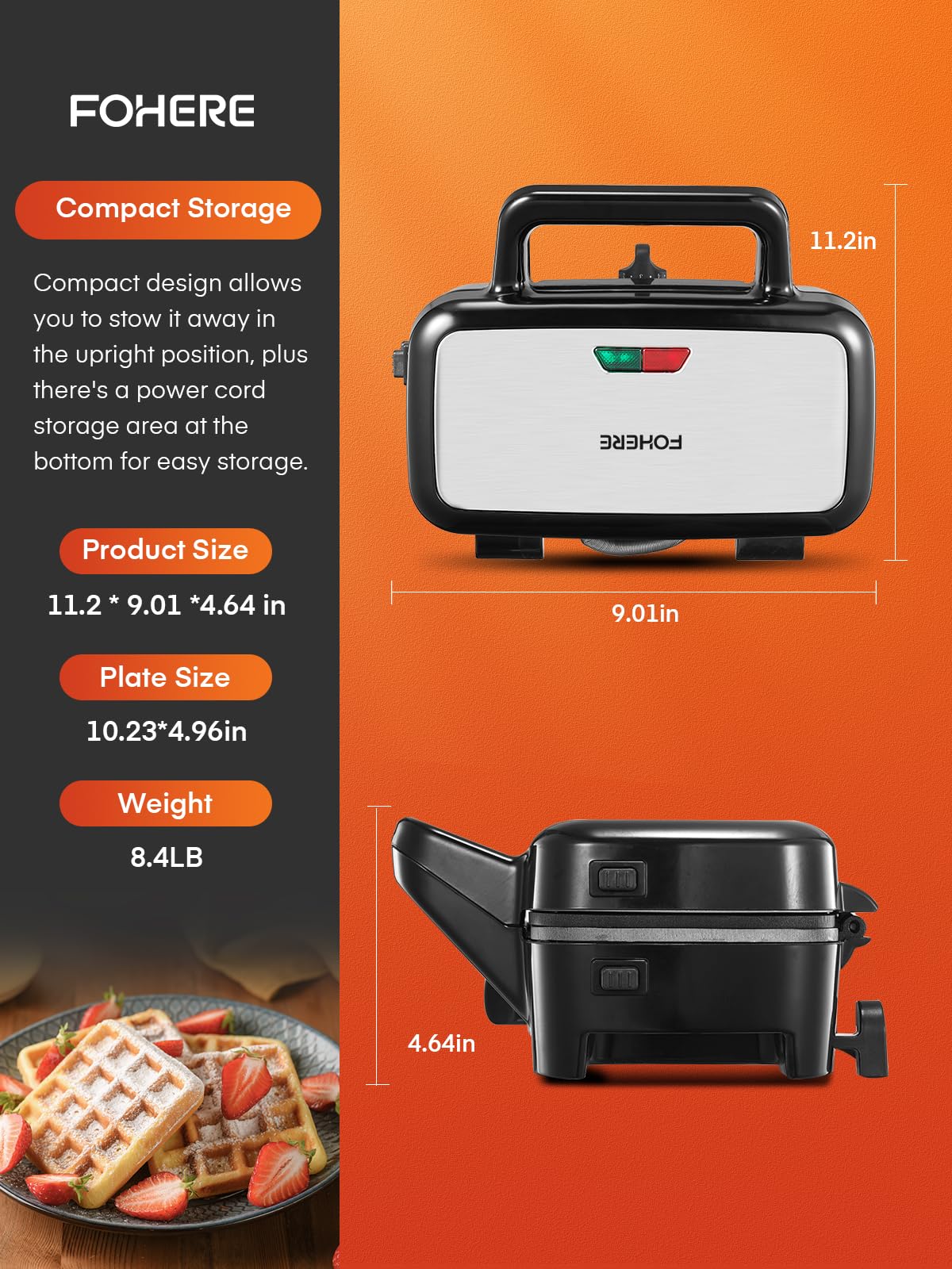 FOHERE 3-in-1 Sandwich Maker, 1200W Waffle Maker & Panini Press Grill, 3 Removable Non-stick Plates, 5-Gear Temp Control, Grilled Cheese Maker, Quick Breakfast, LED Indicators, Stainless Steel/Black